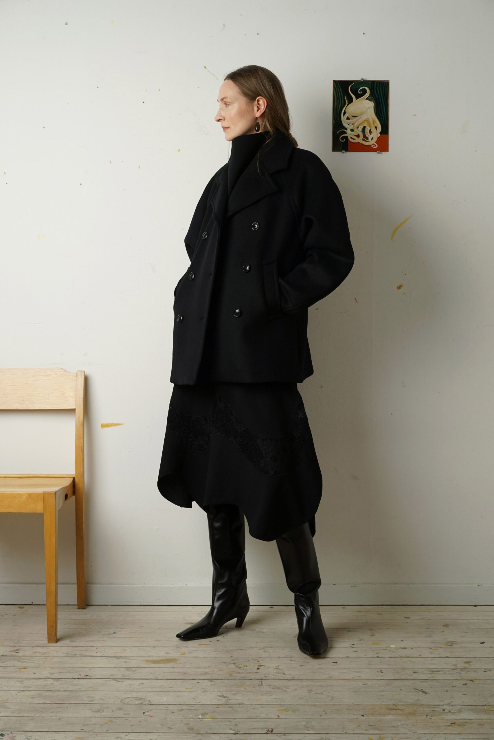 black wool coat and skirt