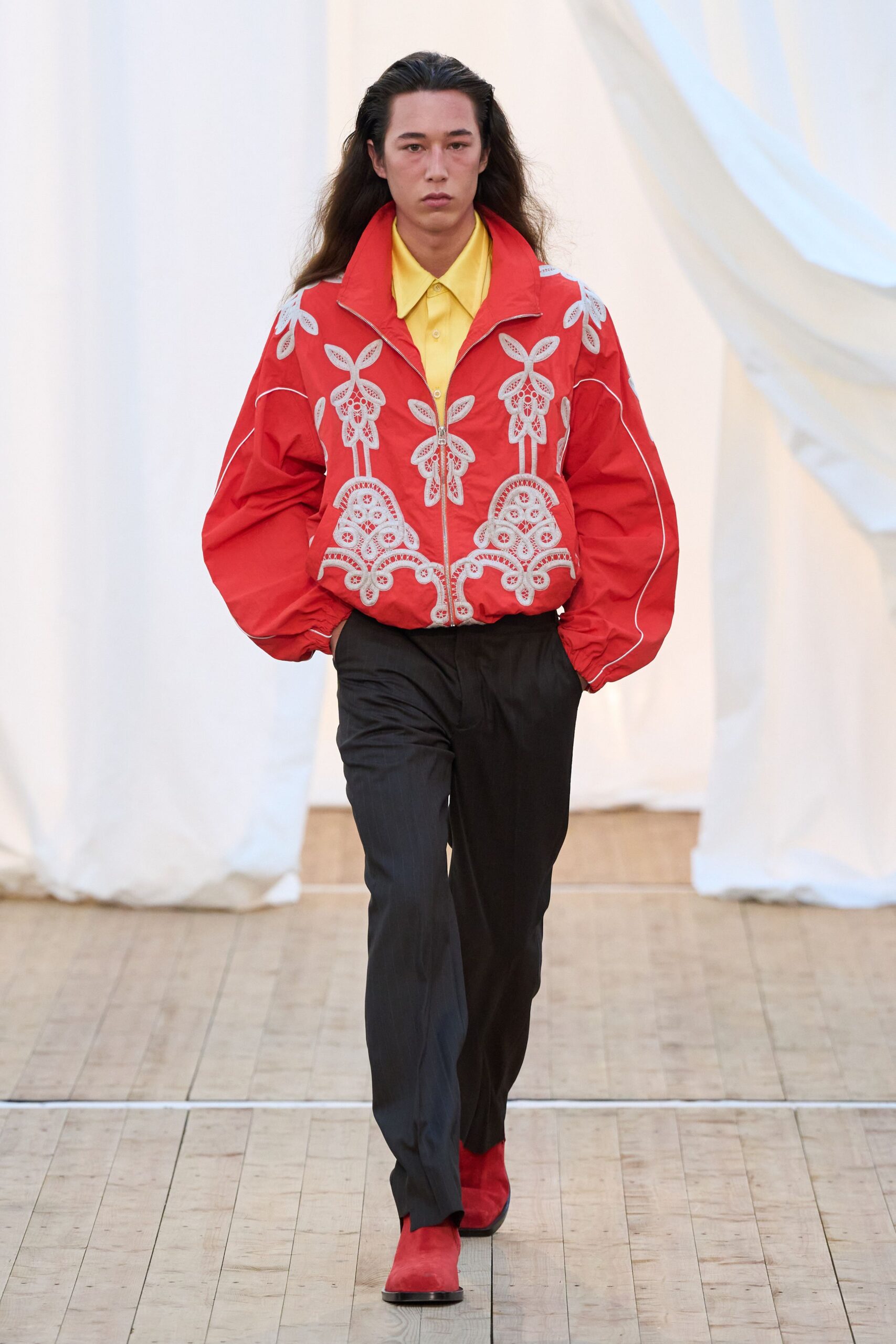red cotton long-sleeve collared oversized embroidered jacket