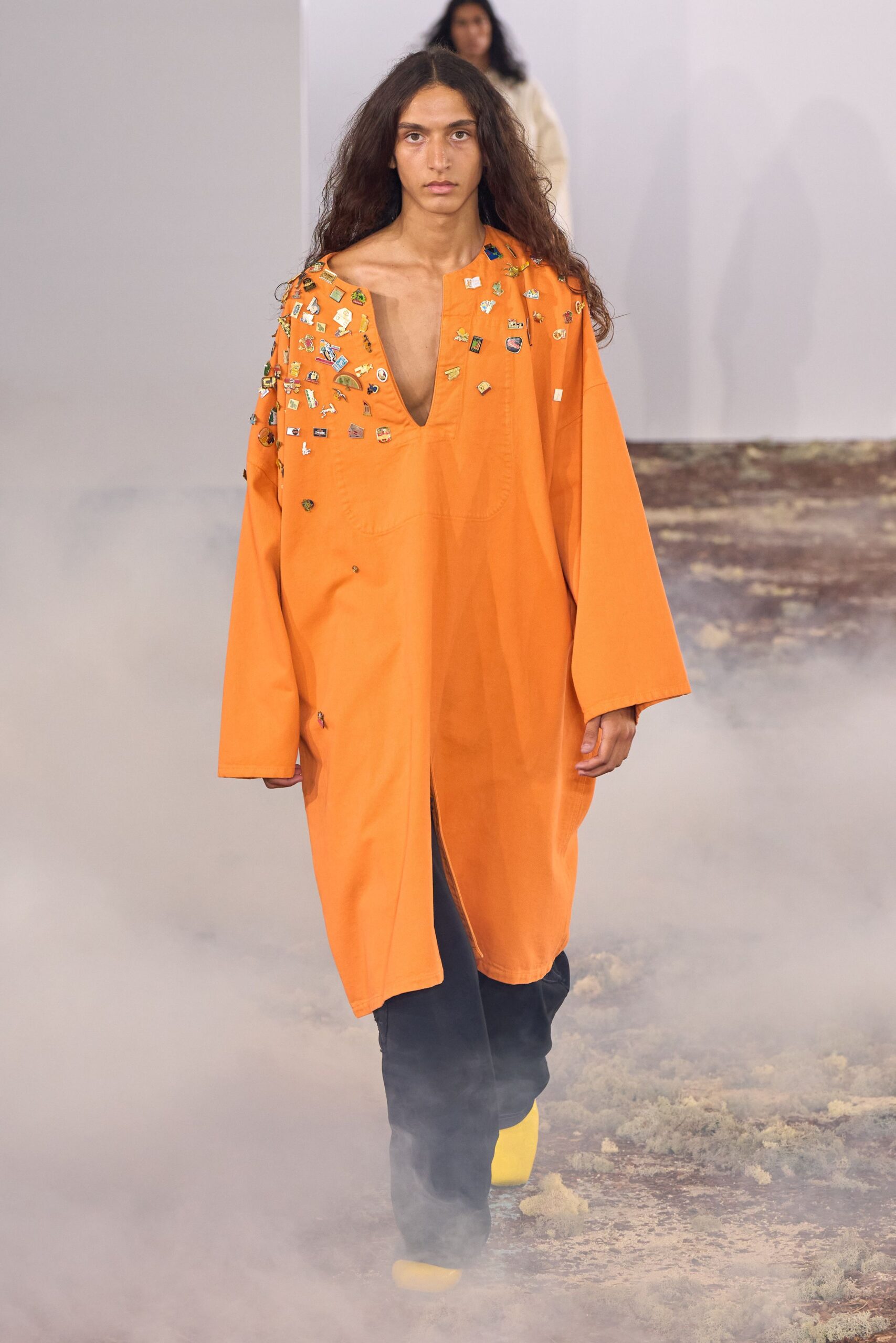 orange cotton long-sleeve v-neck oversized embellished mini top