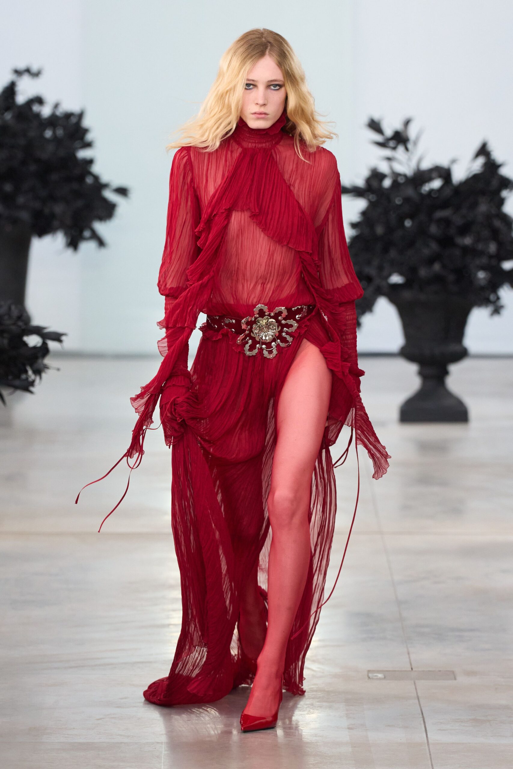 red chiffon long-sleeve v-neck fitted ruched draped gown