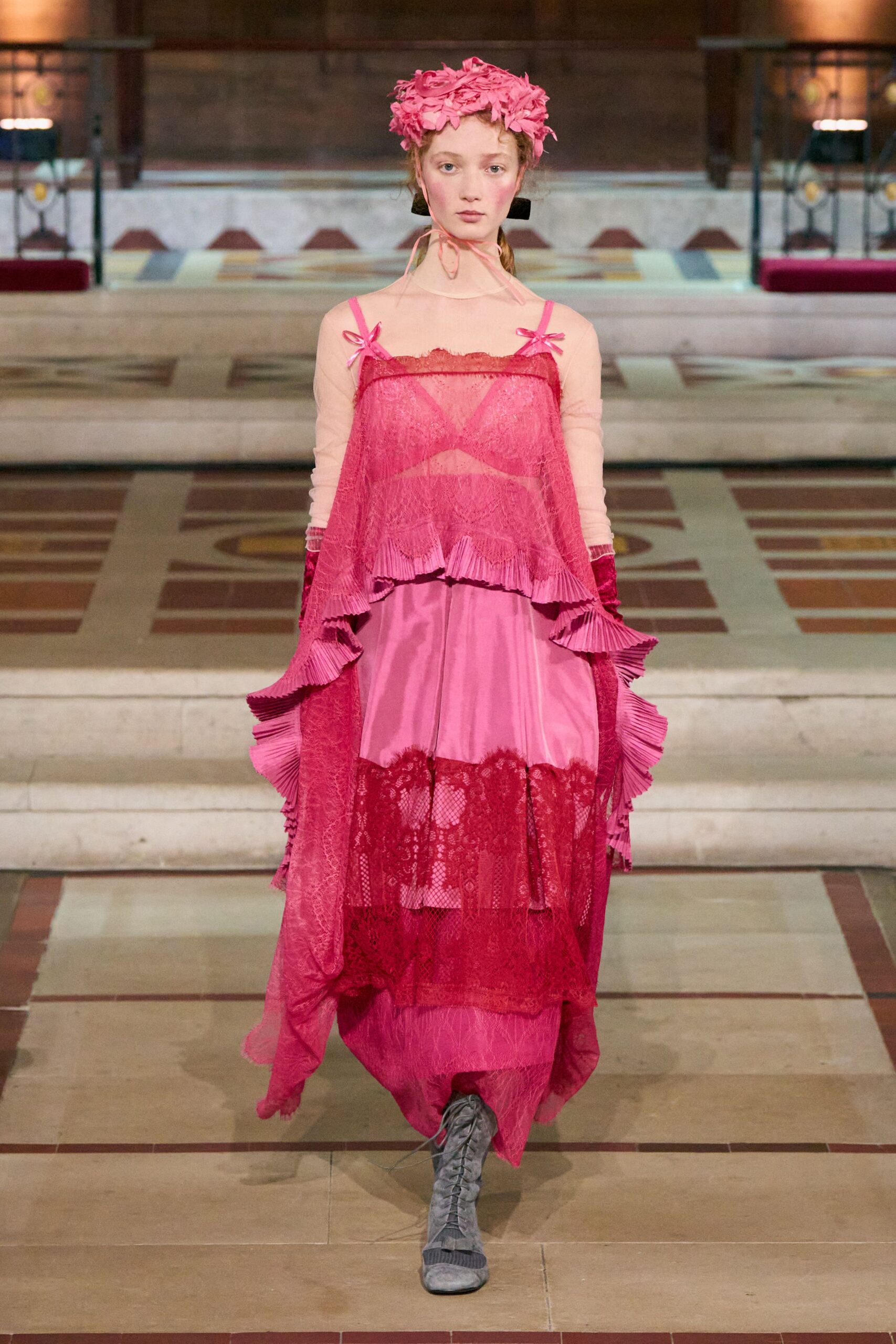 pink lace sleeveless v-neck relaxed ruffled layered dress