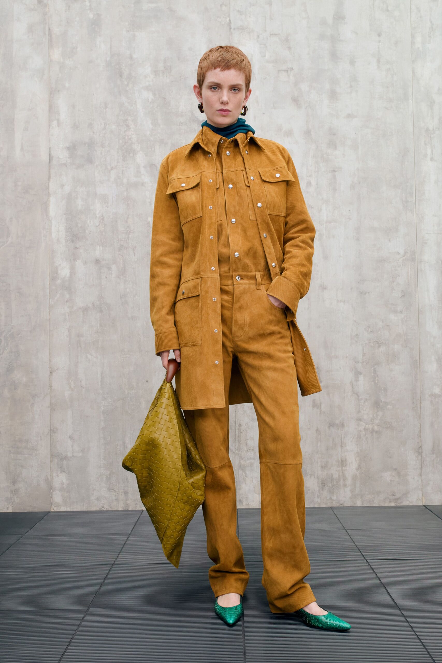 brown suede fitted straight-leg pants