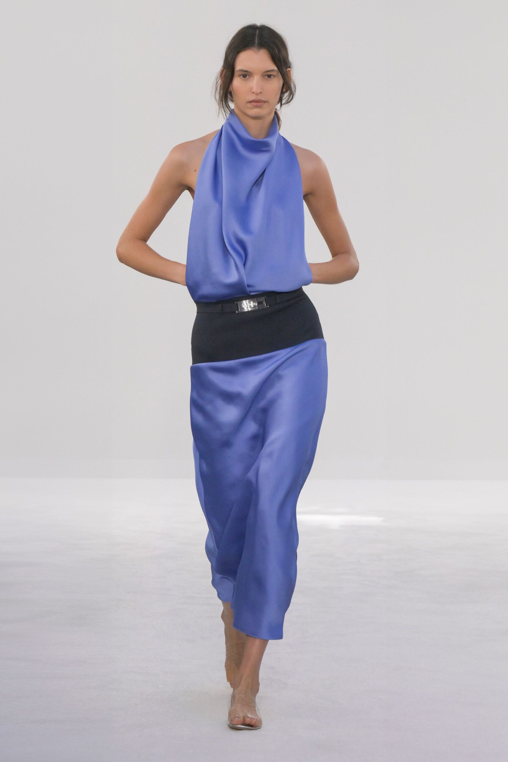 blue silk draped midi dress