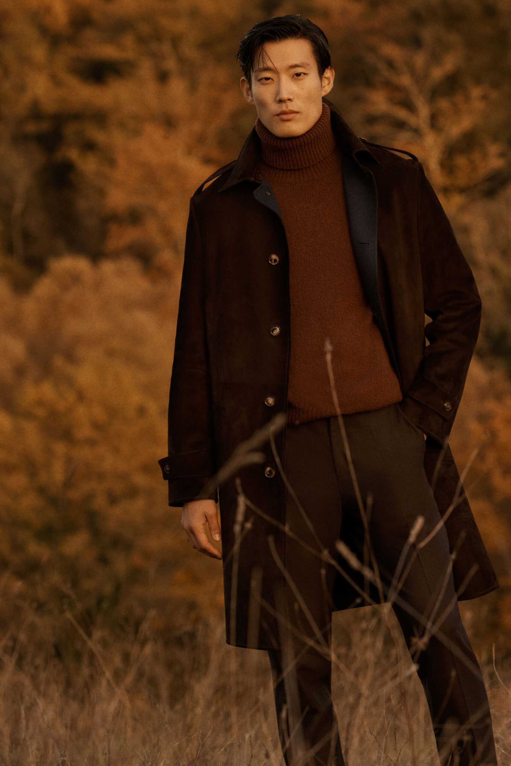 brown suede coat with sweater and tailored pants