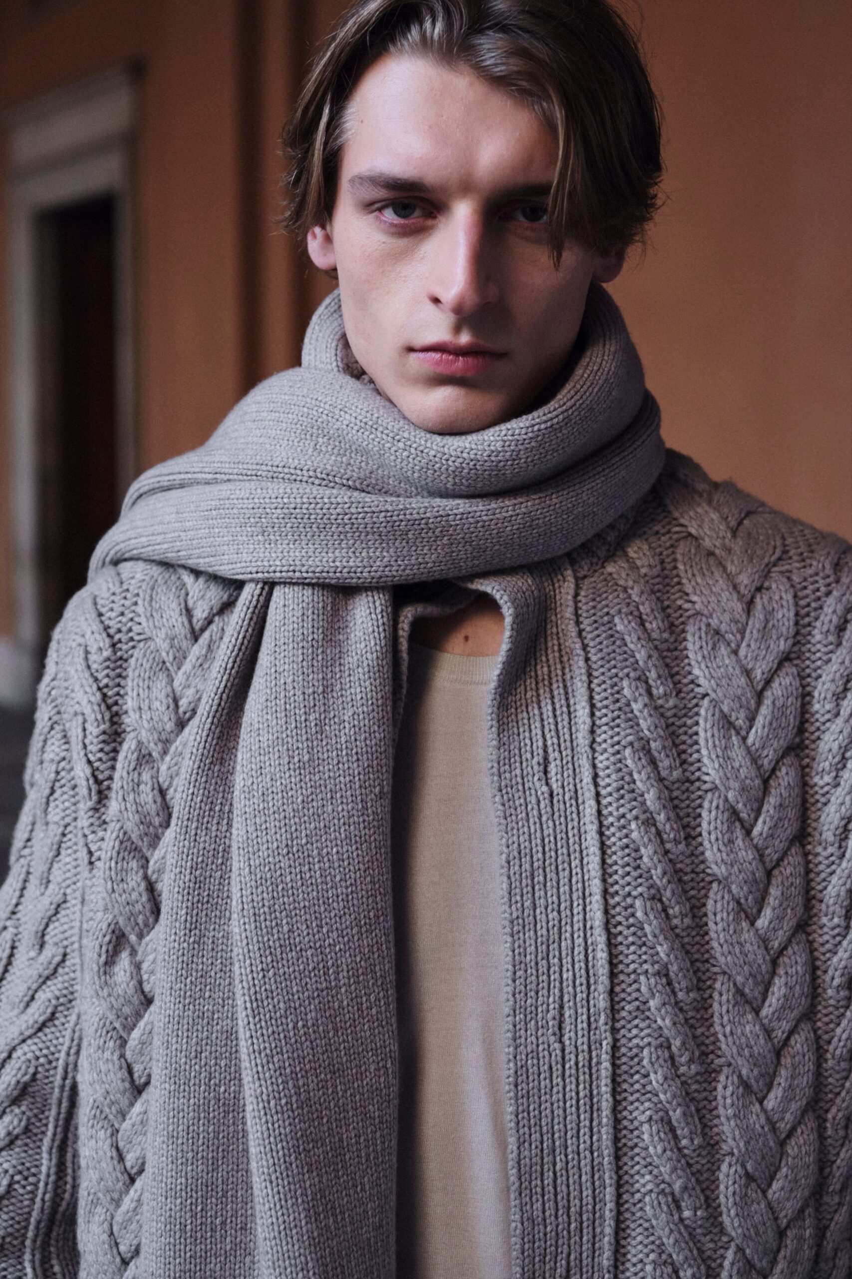 gray wool cardigan with scarf