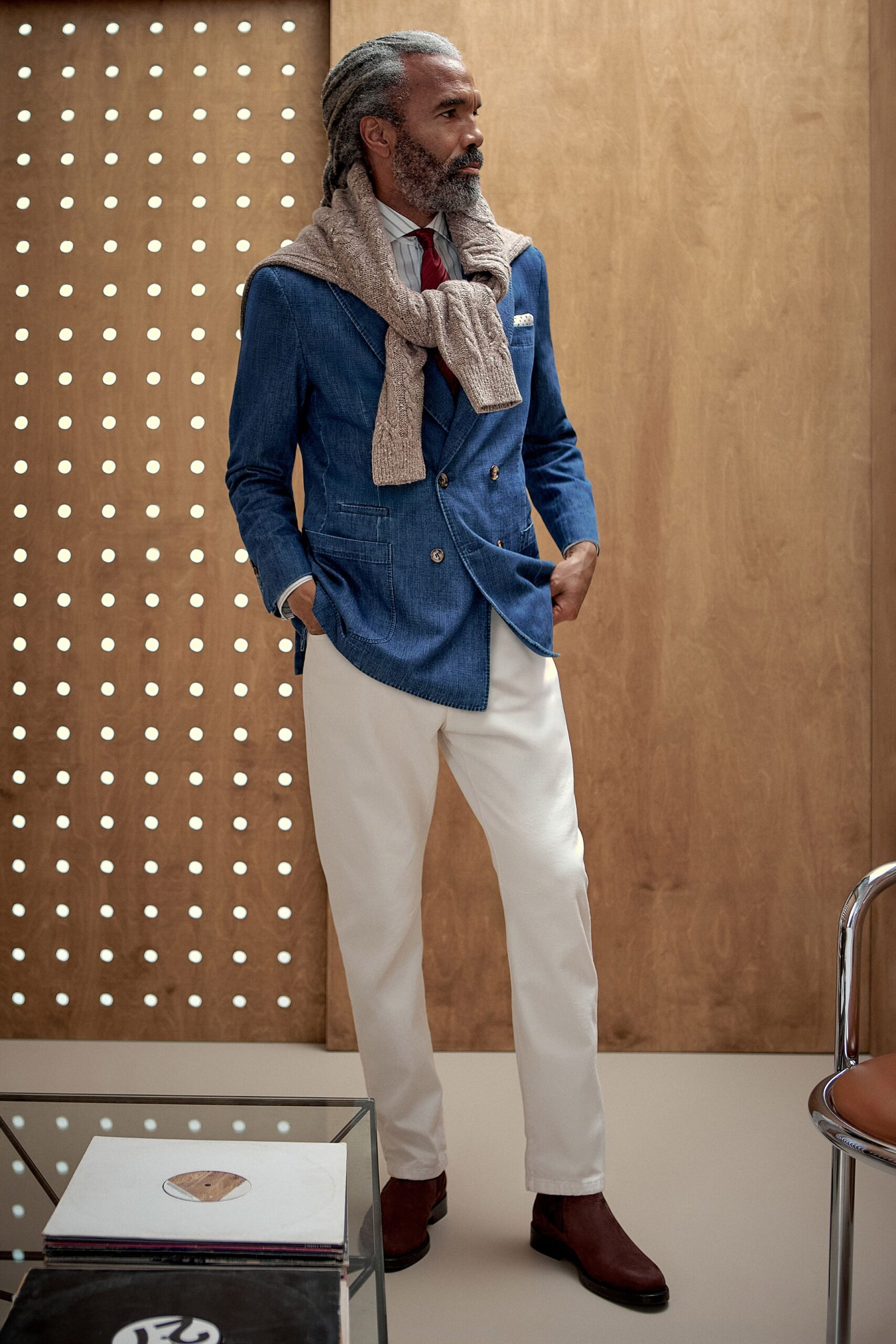 beige cotton slim straight-leg pants