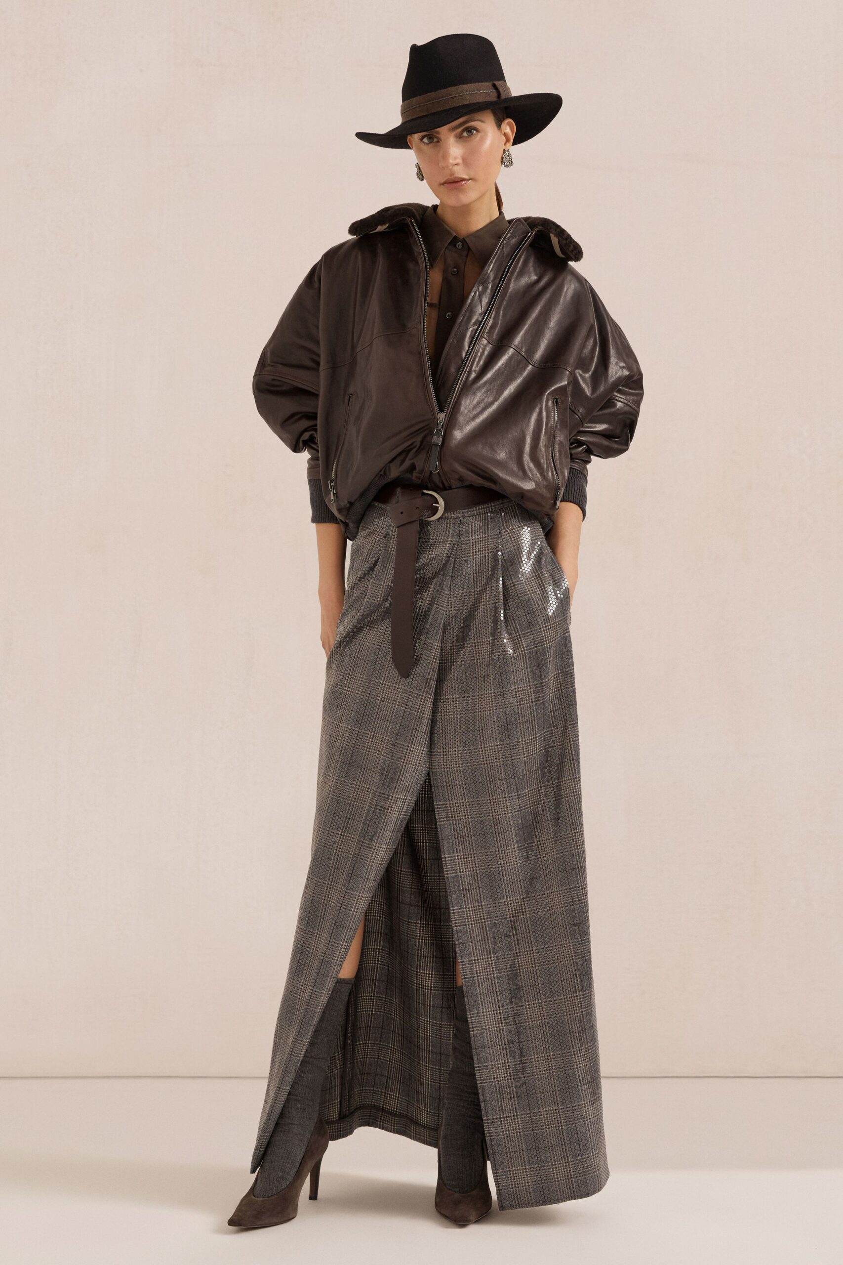 gray cotton slit fitted high-waisted checked maxi skirt