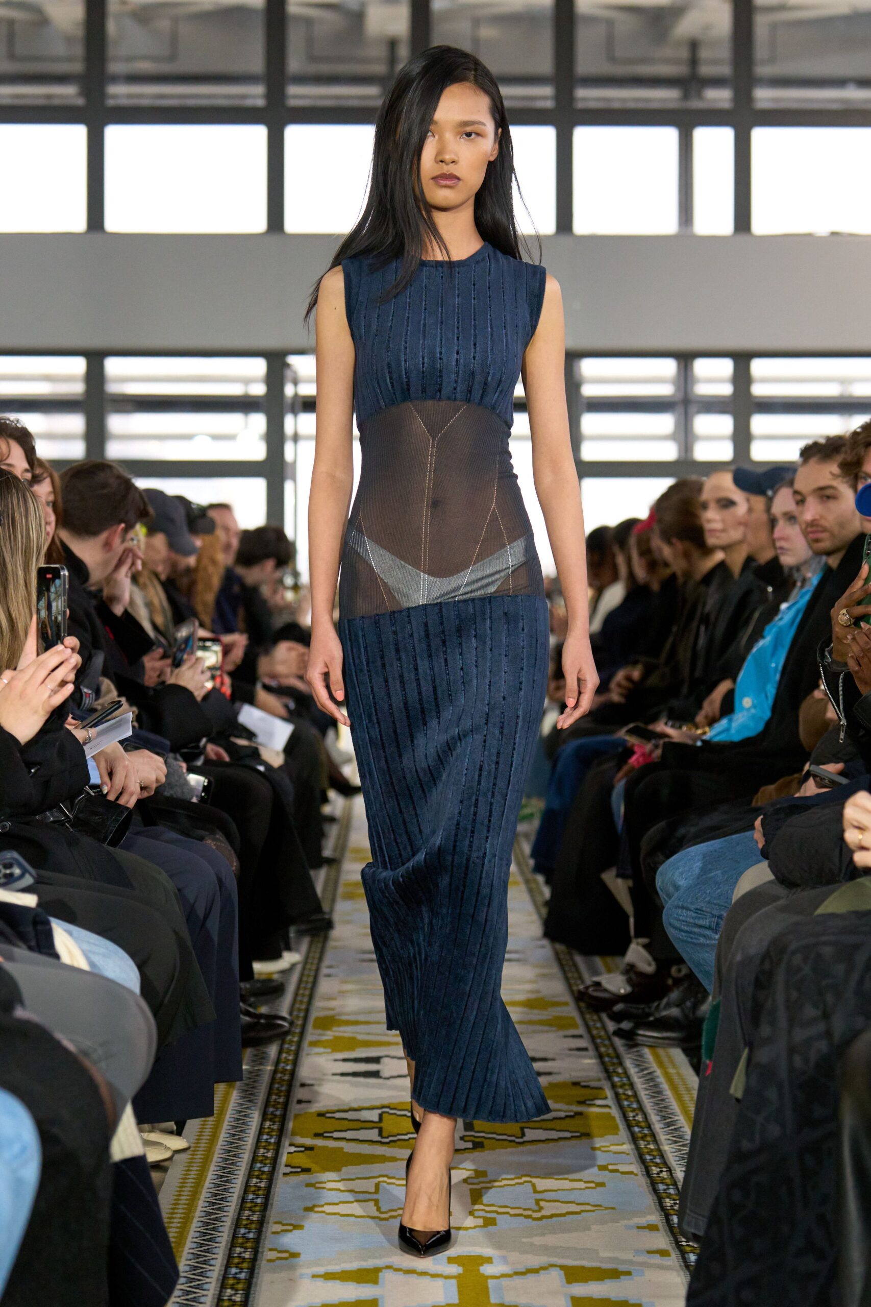 blue silk sleeveless high-neck fitted pleated sheer dress
