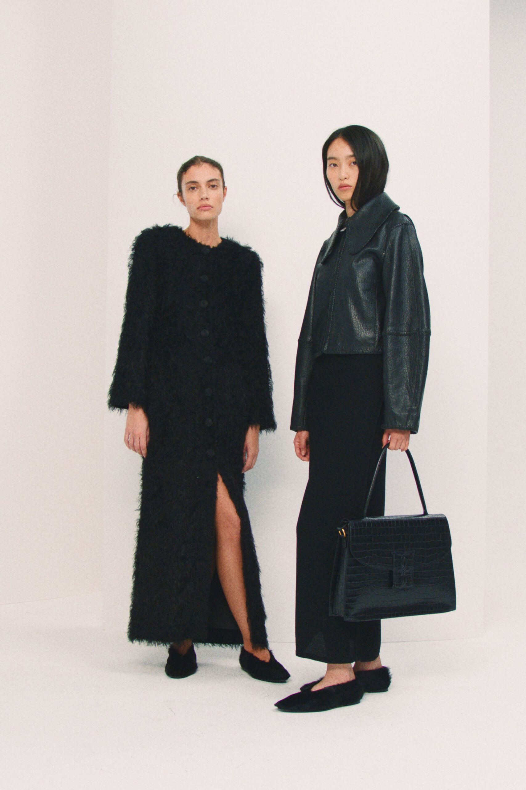 black faux-fur long-sleeve collared fitted buttoned maxi coat