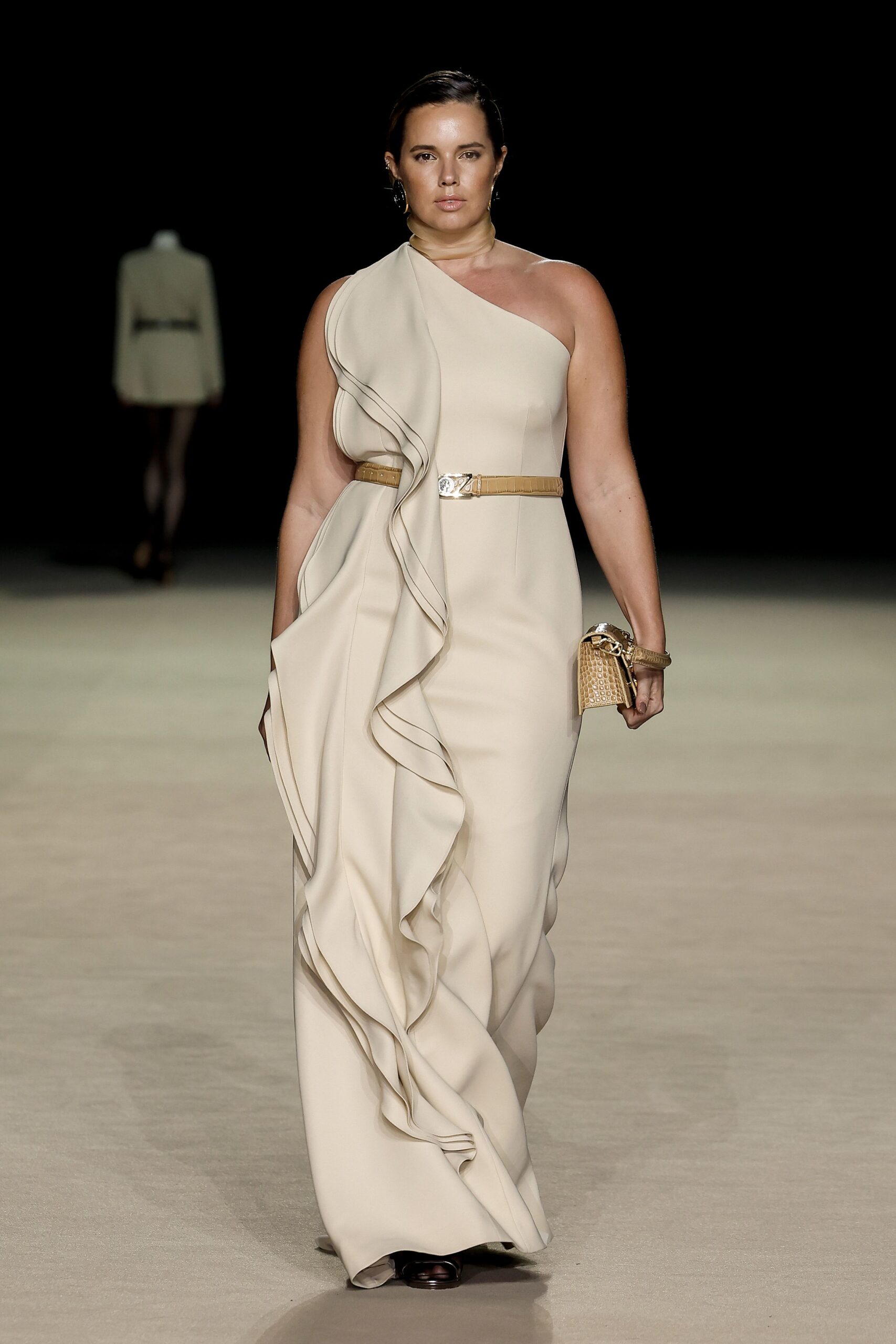 beige silk fitted gown
