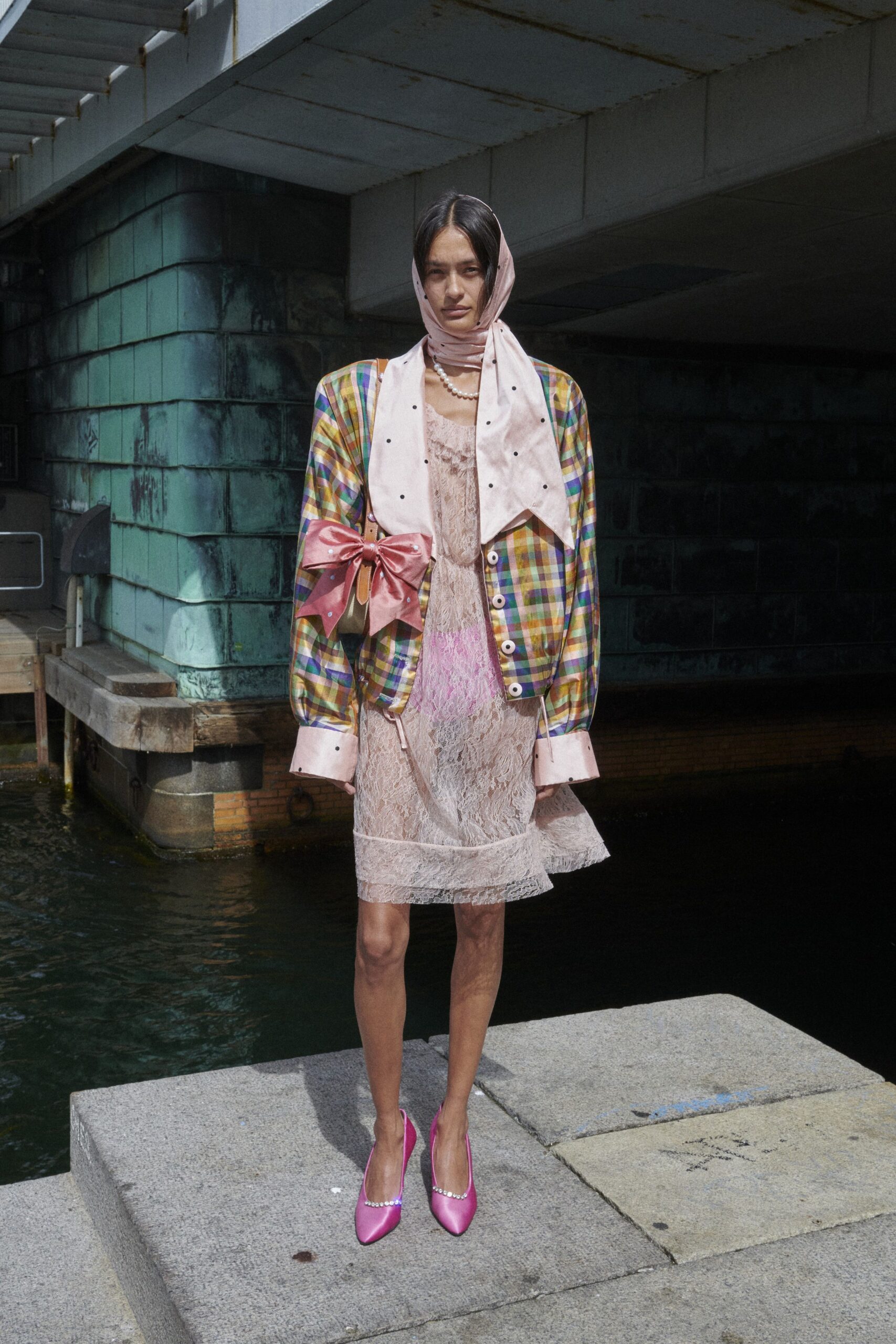 multi silk long-sleeve collared oversized buttoned checked jacket