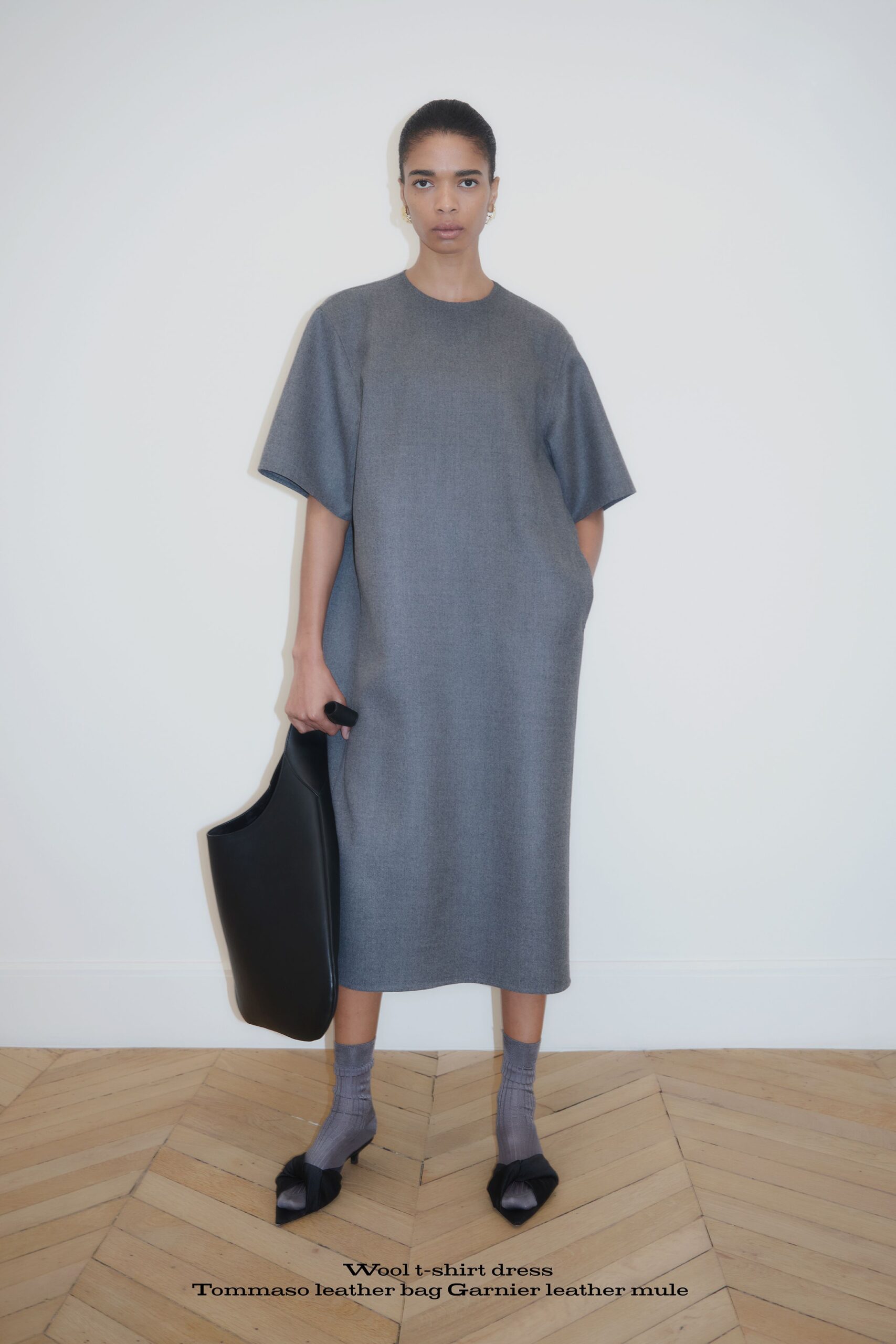 gray wool short-sleeve collared relaxed midi dress