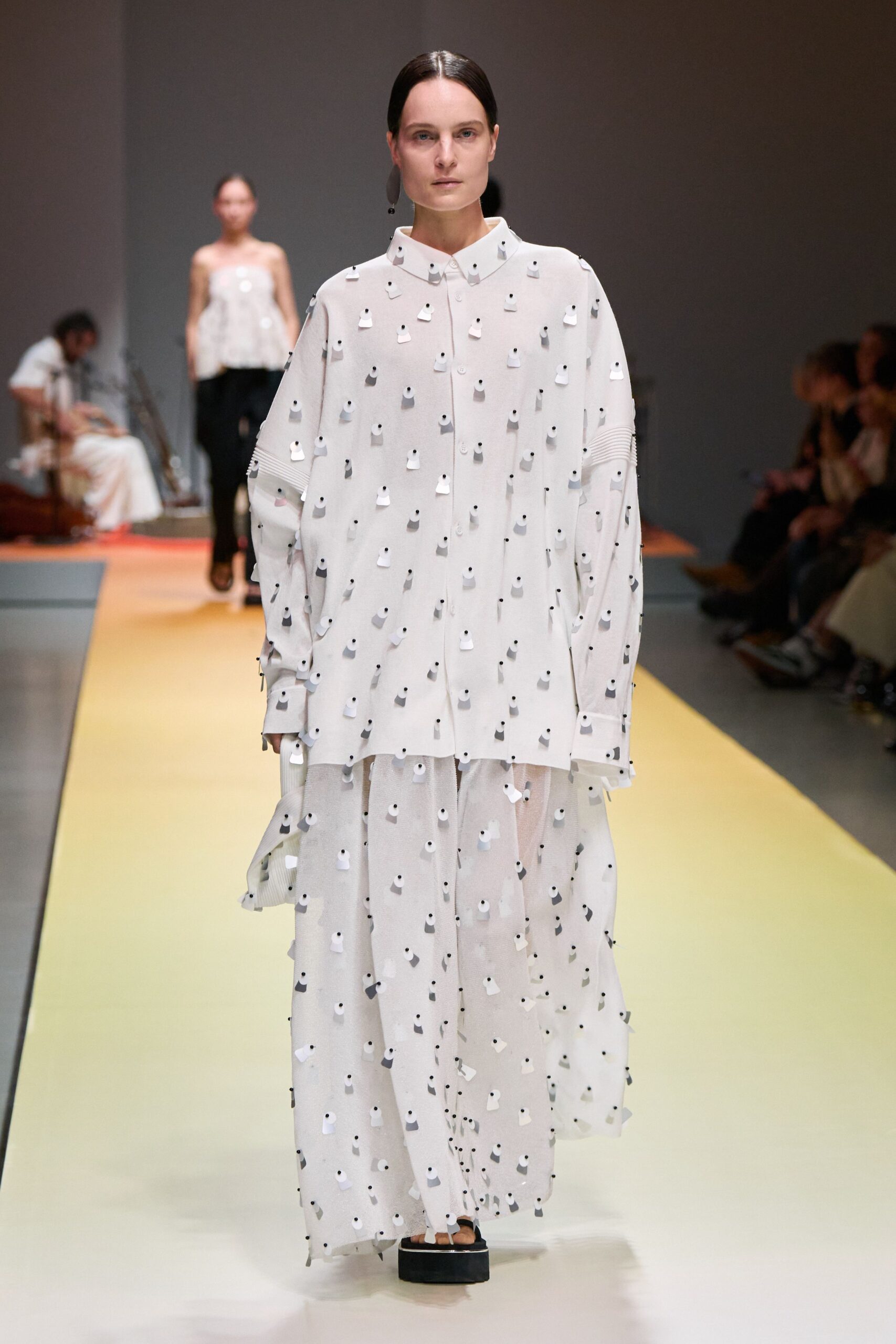 white silk long-sleeve collared relaxed embroidered layered dress