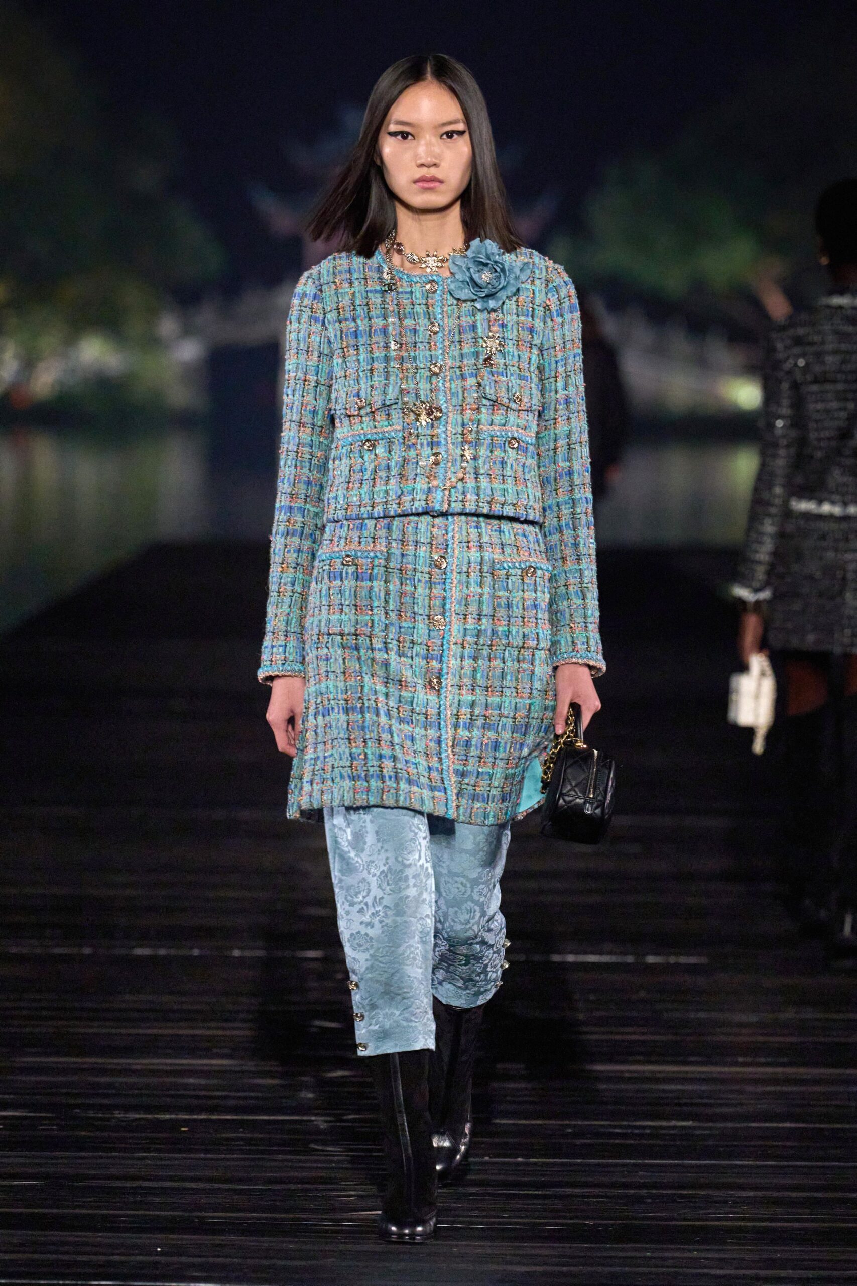 blue tweed jacket with silk pants