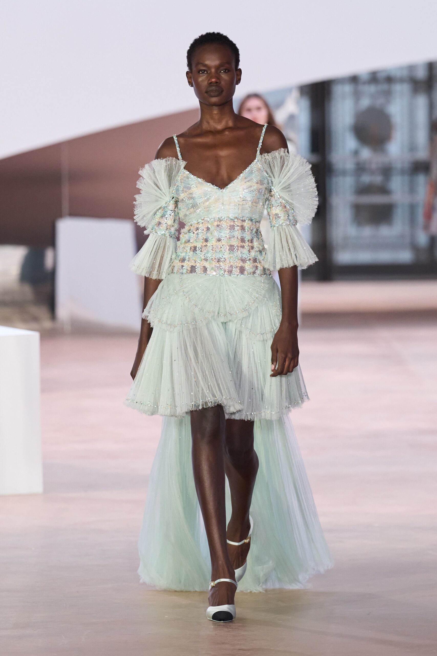 blue chiffon sleeveless off-shoulder fitted pleated layered dress