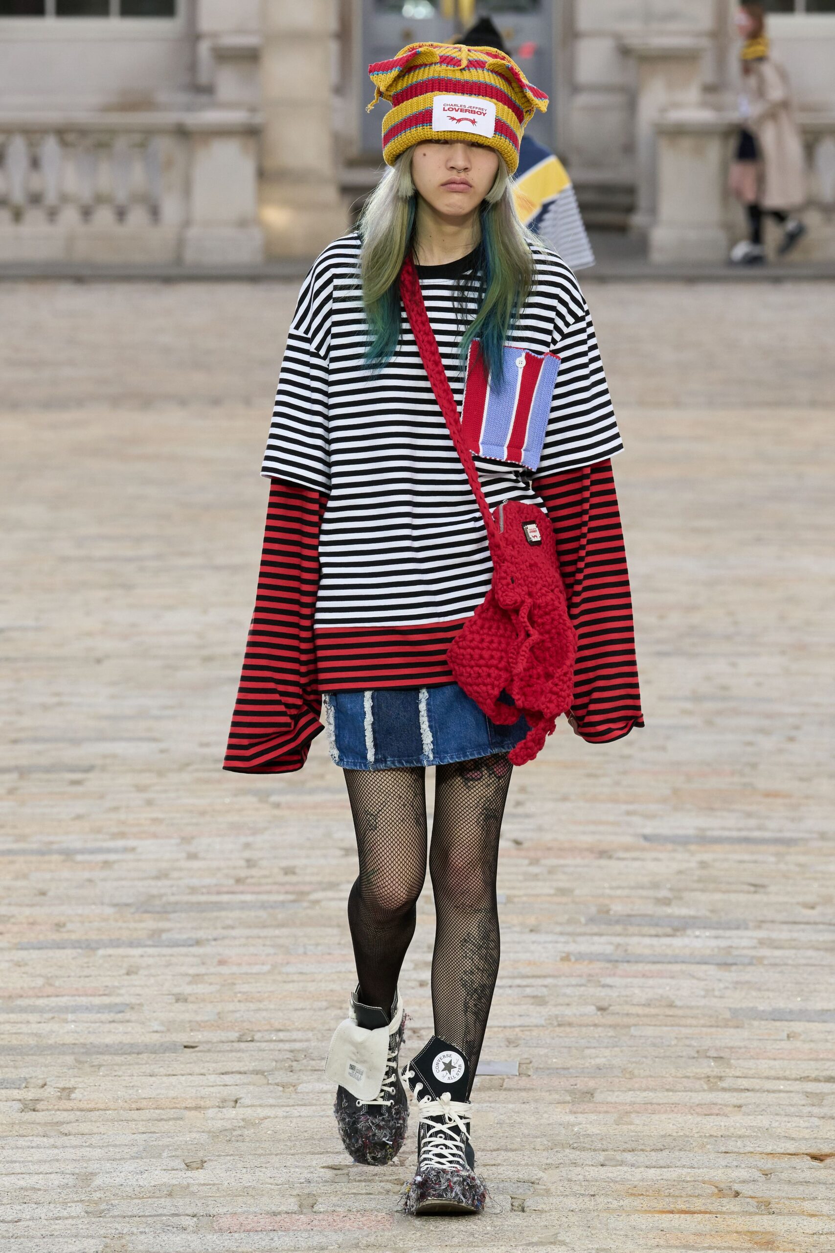 striped t-shirt with denim skirt