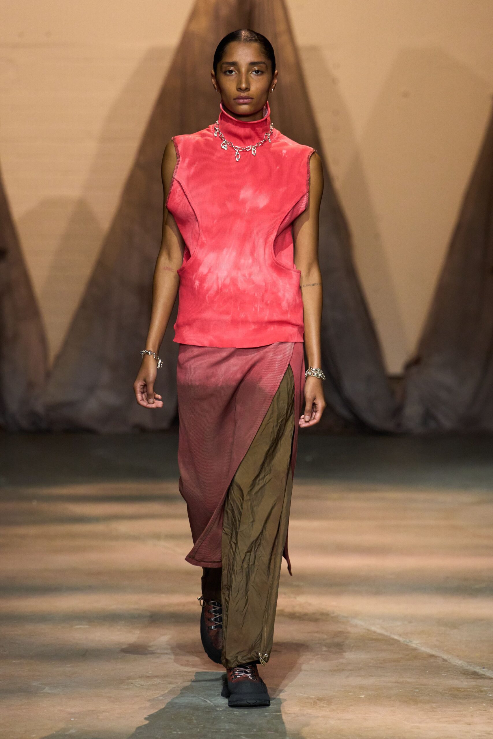 brown silk asymmetric fitted pleated skirt