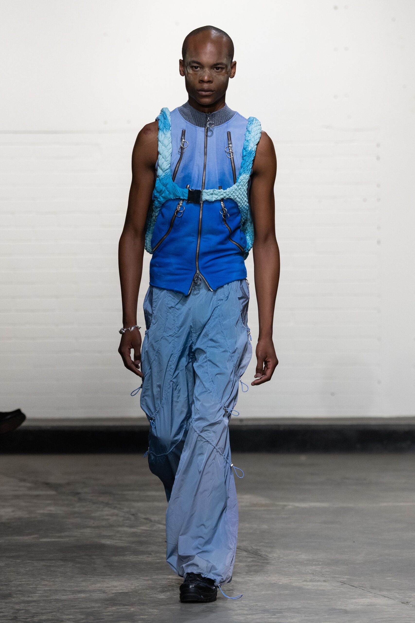 blue fitted top with relaxed pants