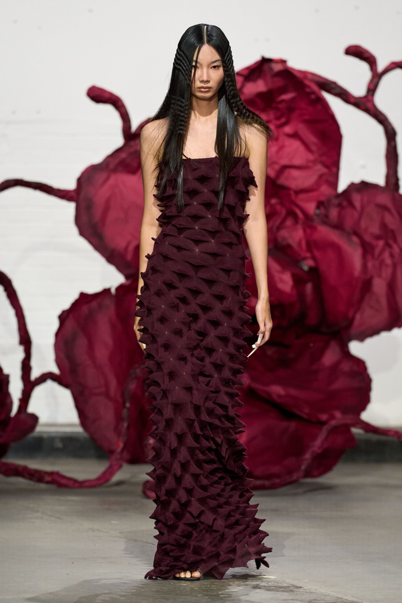 fitted maroon silk gown