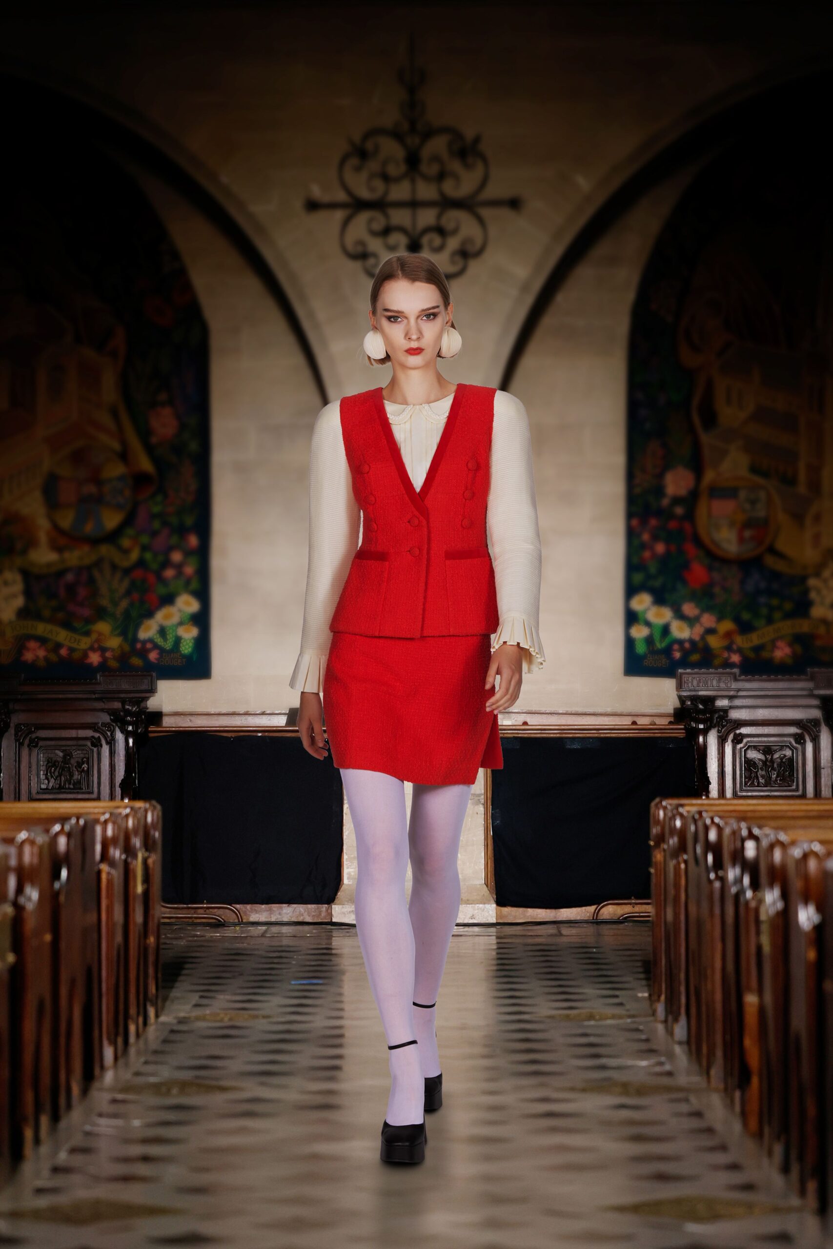 red wool sleeveless collared fitted buttoned vest