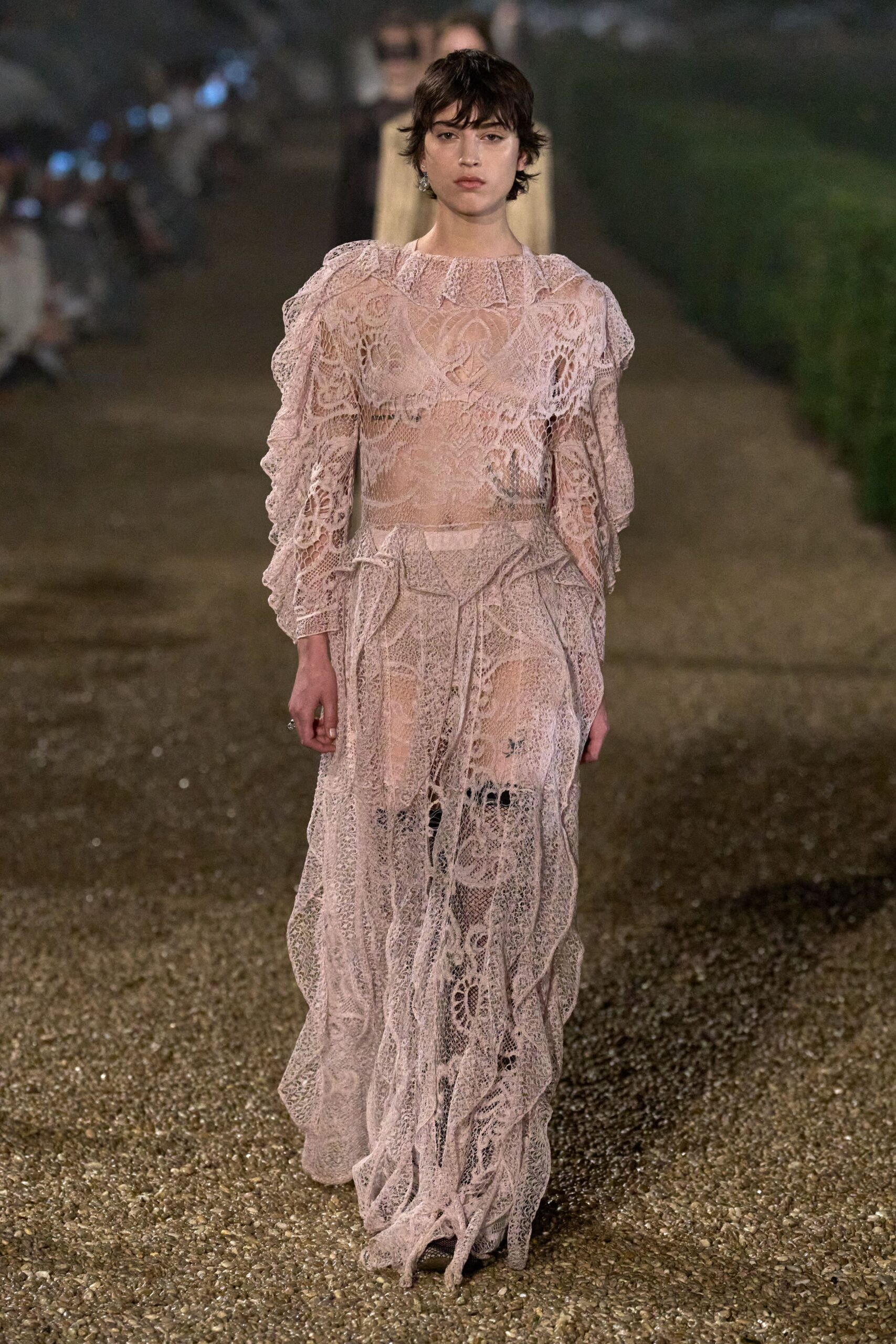 pink lace long-sleeve gown
