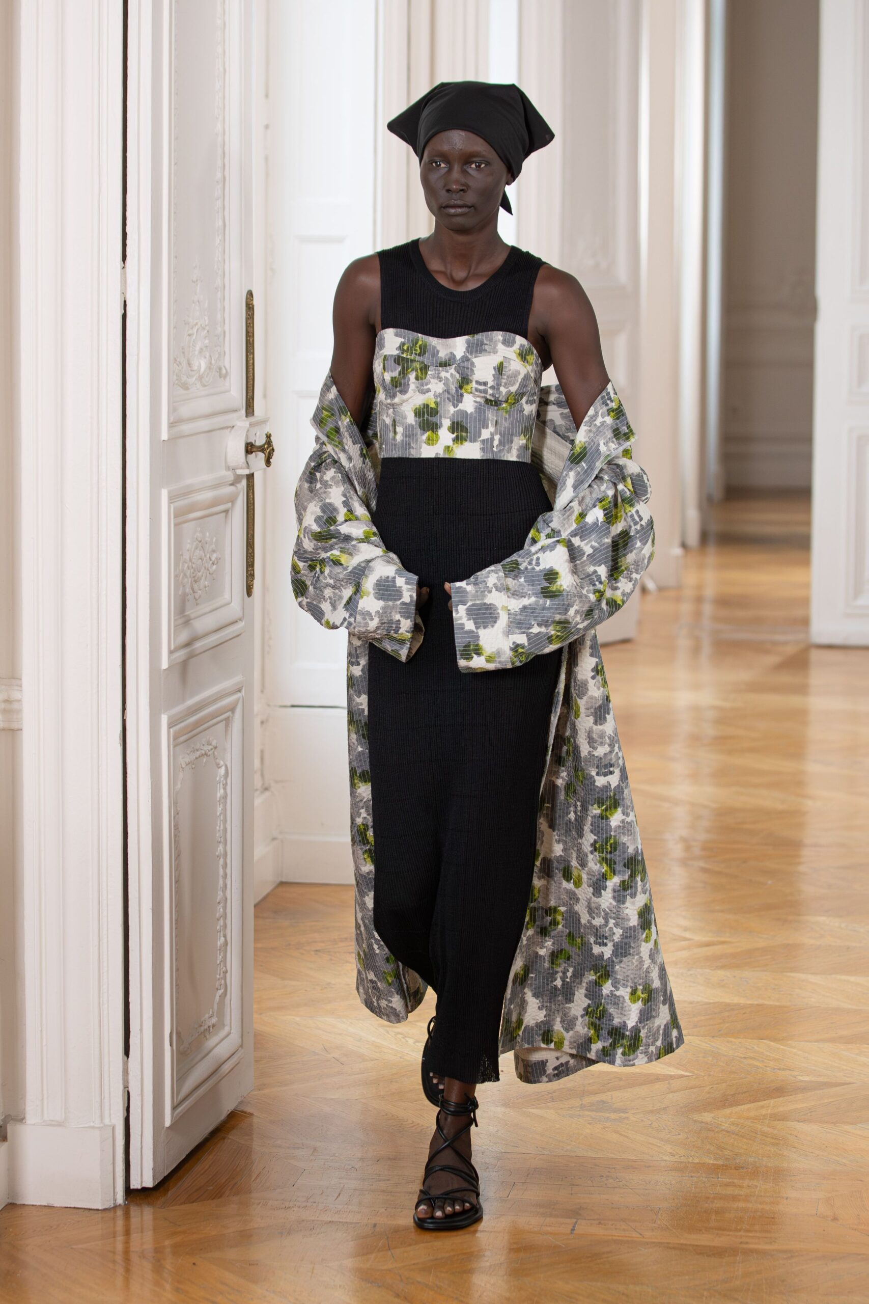 black maxi dress with printed coat