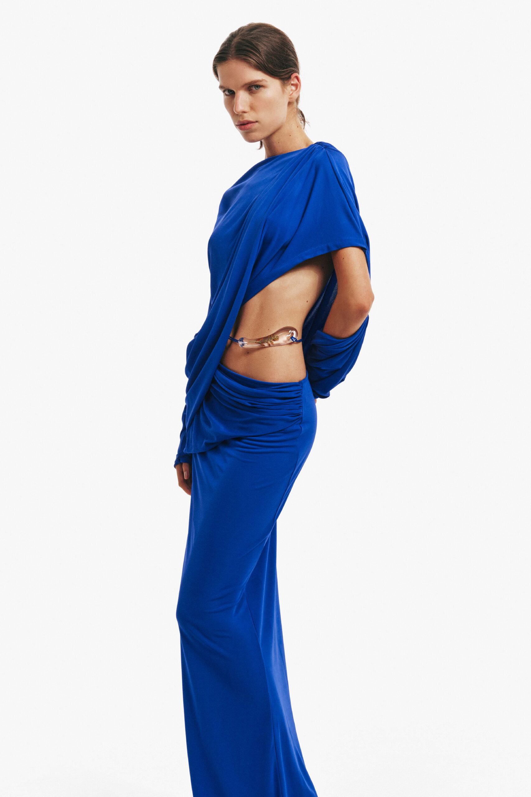 blue silk fitted gown