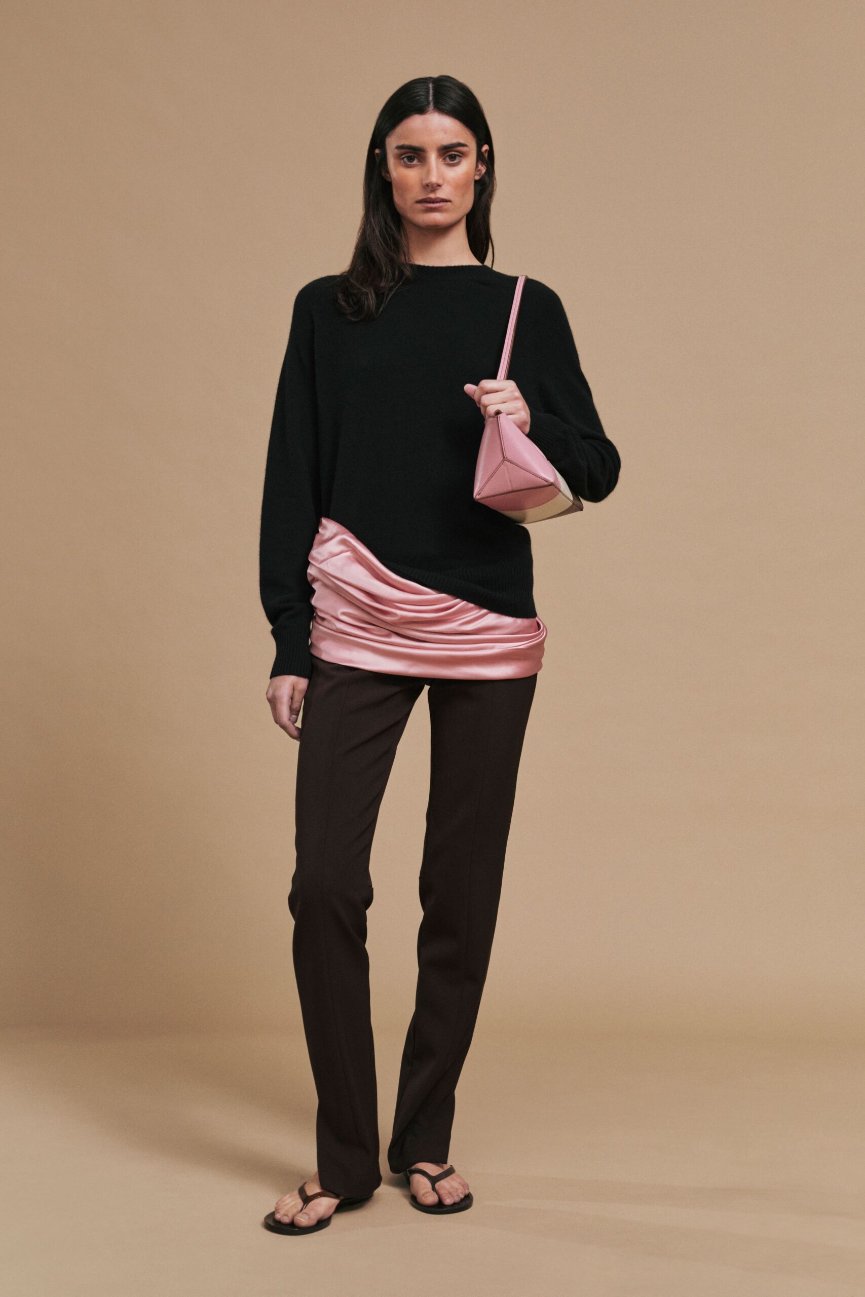 black sweater pink ruched top