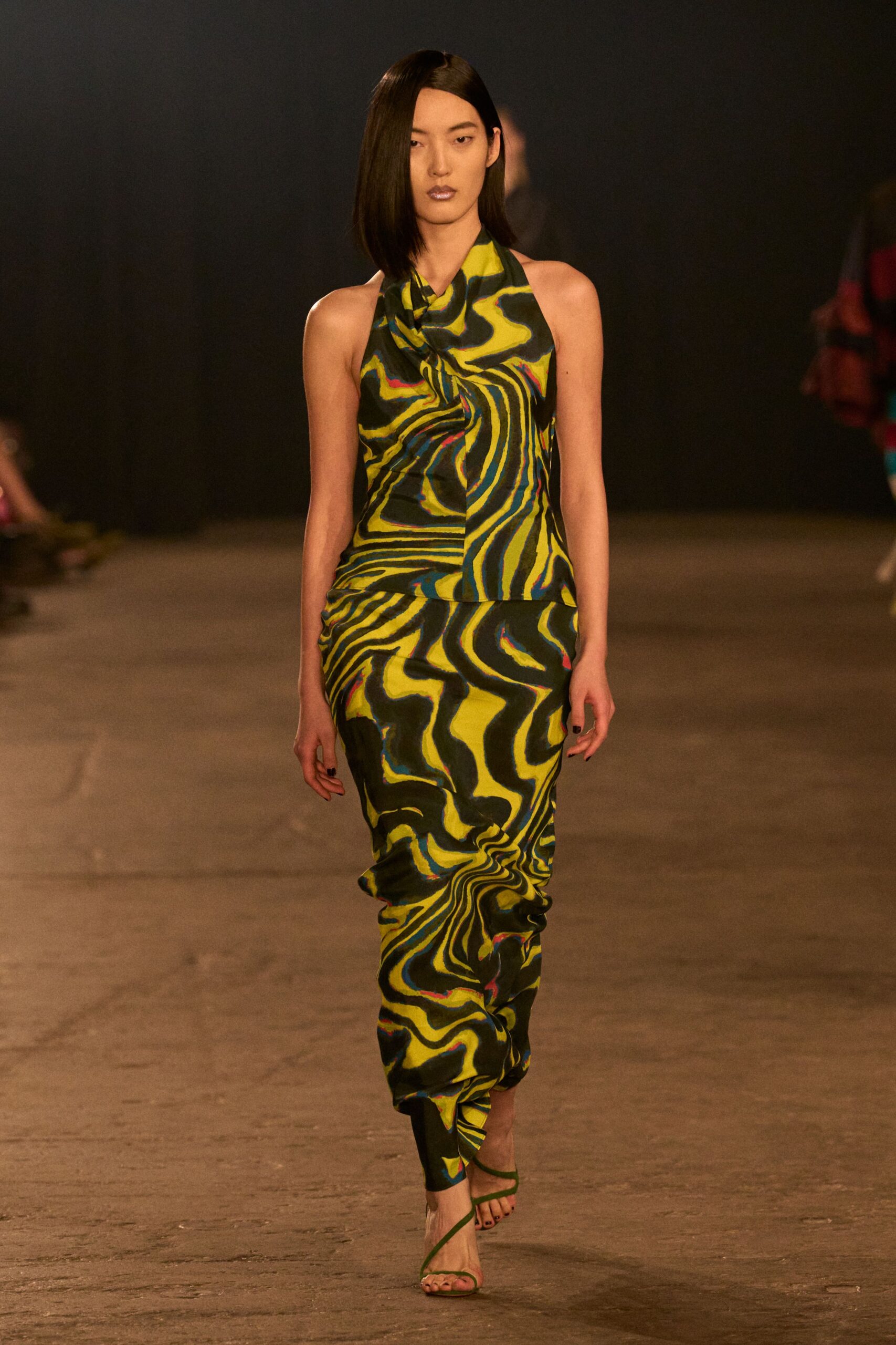 fitted maxi dress with clear shoes
