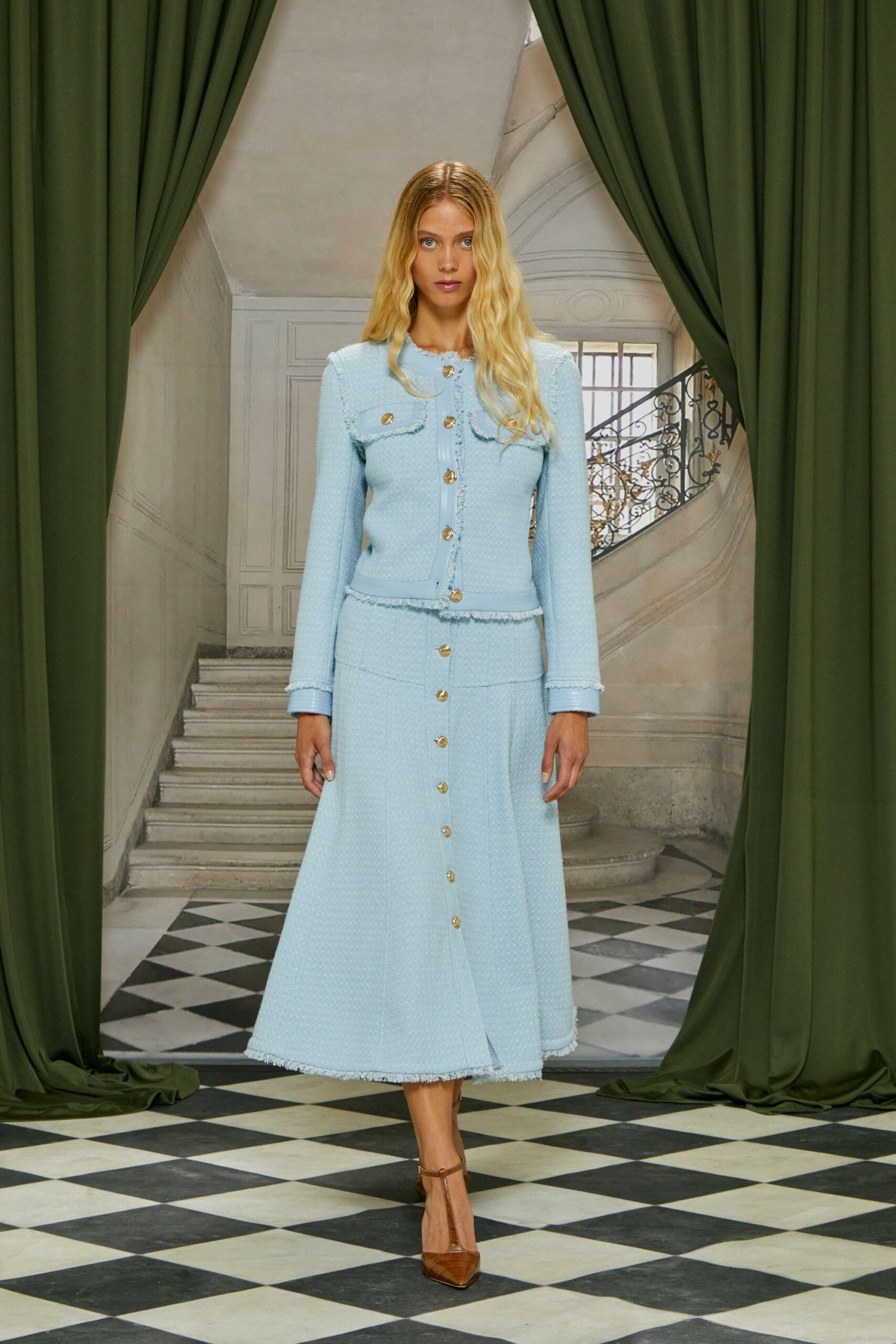 blue tweed long-sleeve tailored buttoned fringed midi skirt