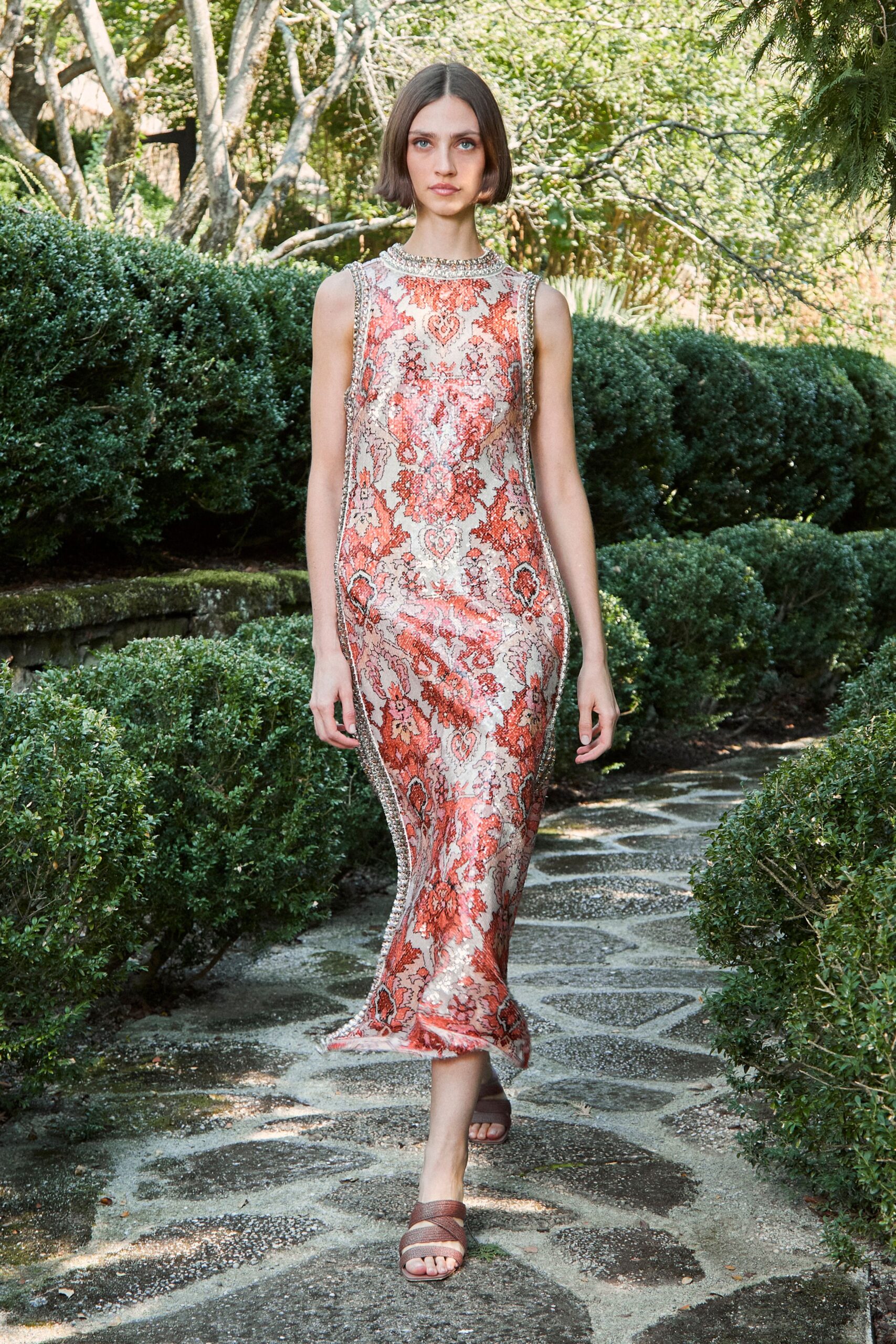 red printed silk midi dress