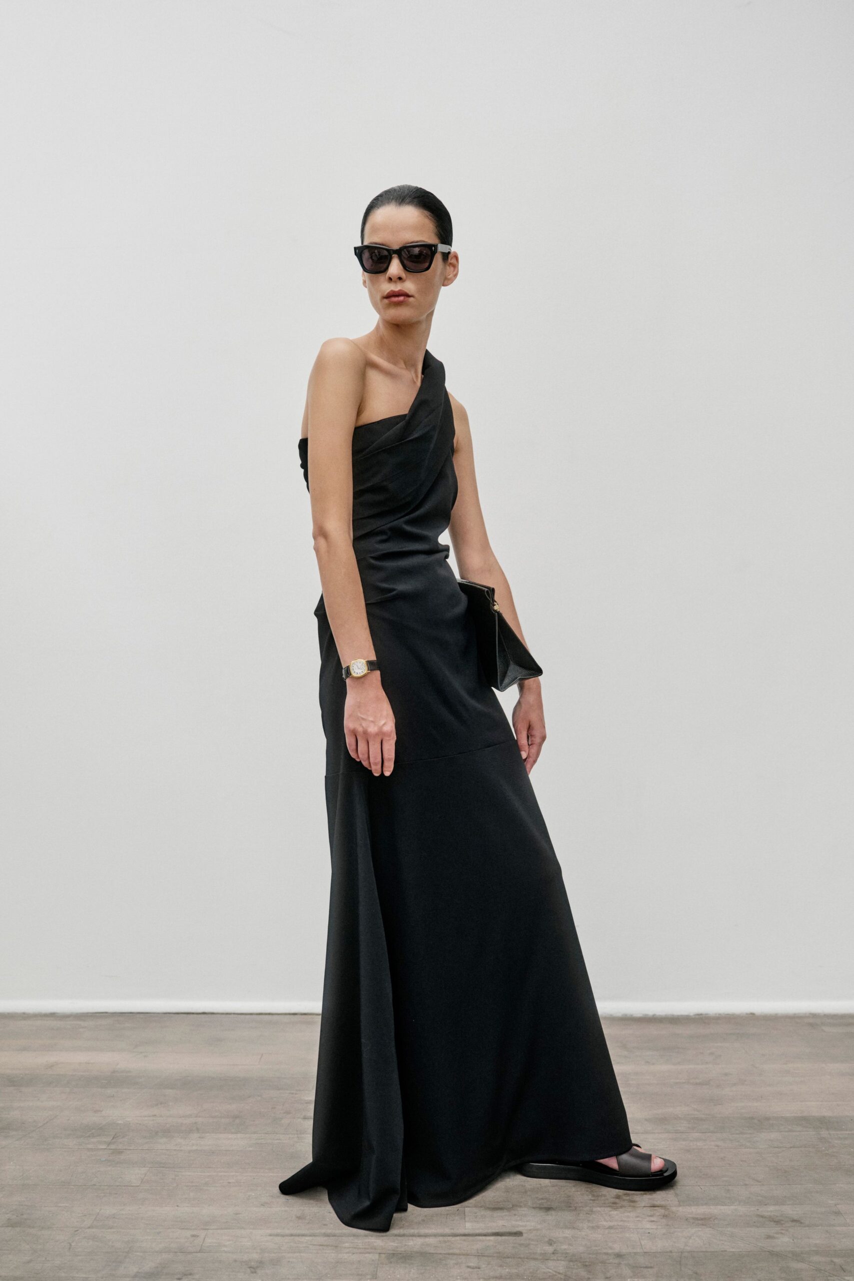 black silk strapless gown