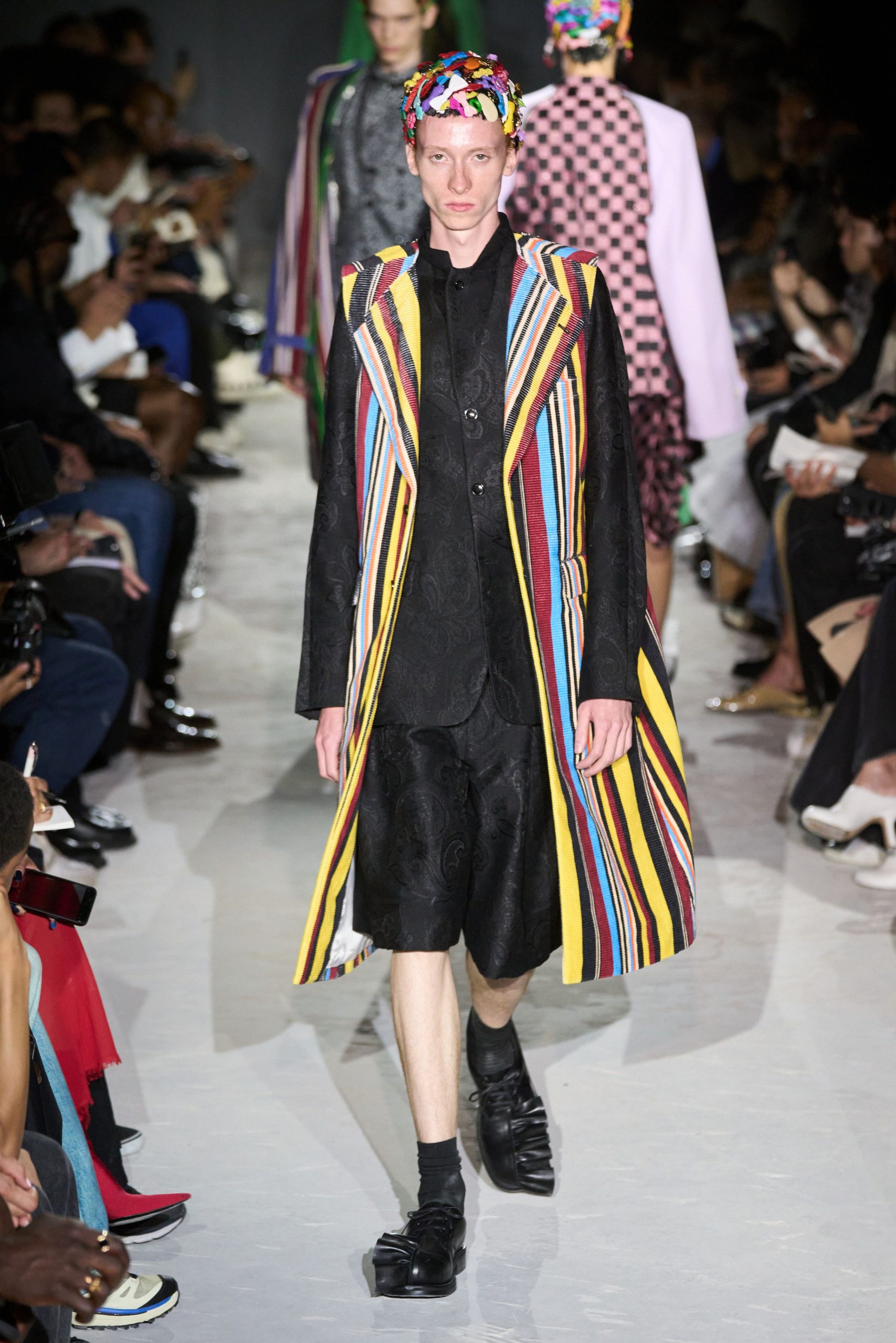 black multi-striped coat with shorts