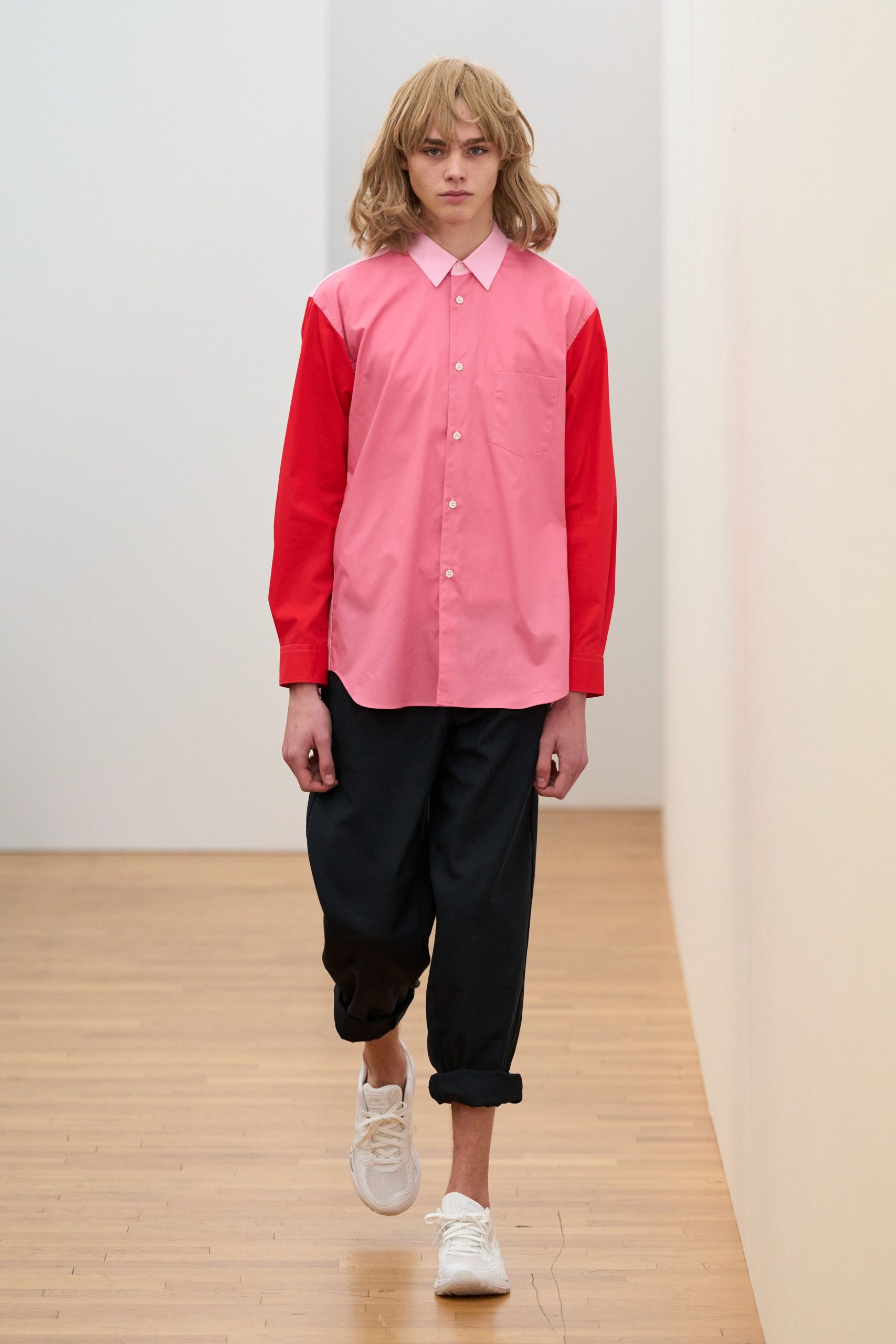 pink and red relaxed shirt with black pants