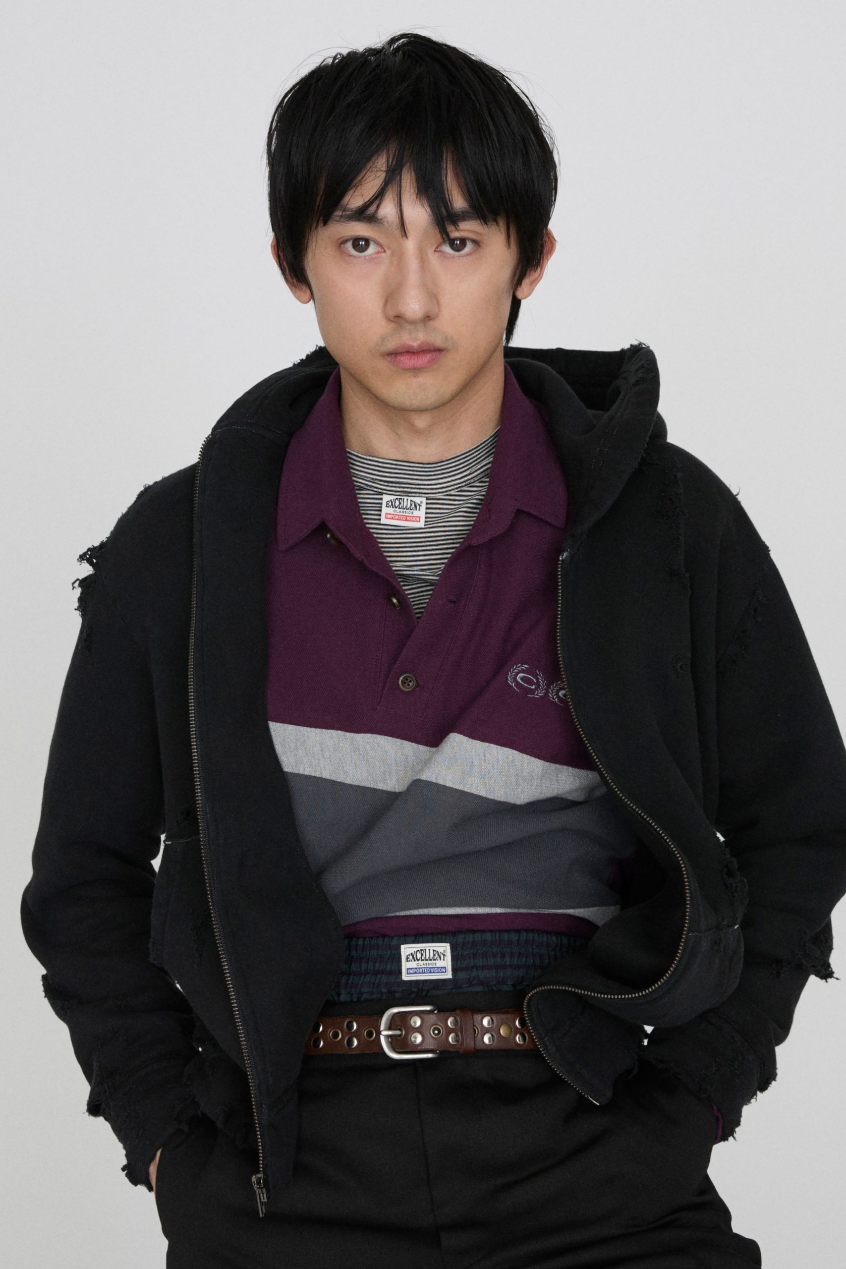 black hoodie with purple shirt