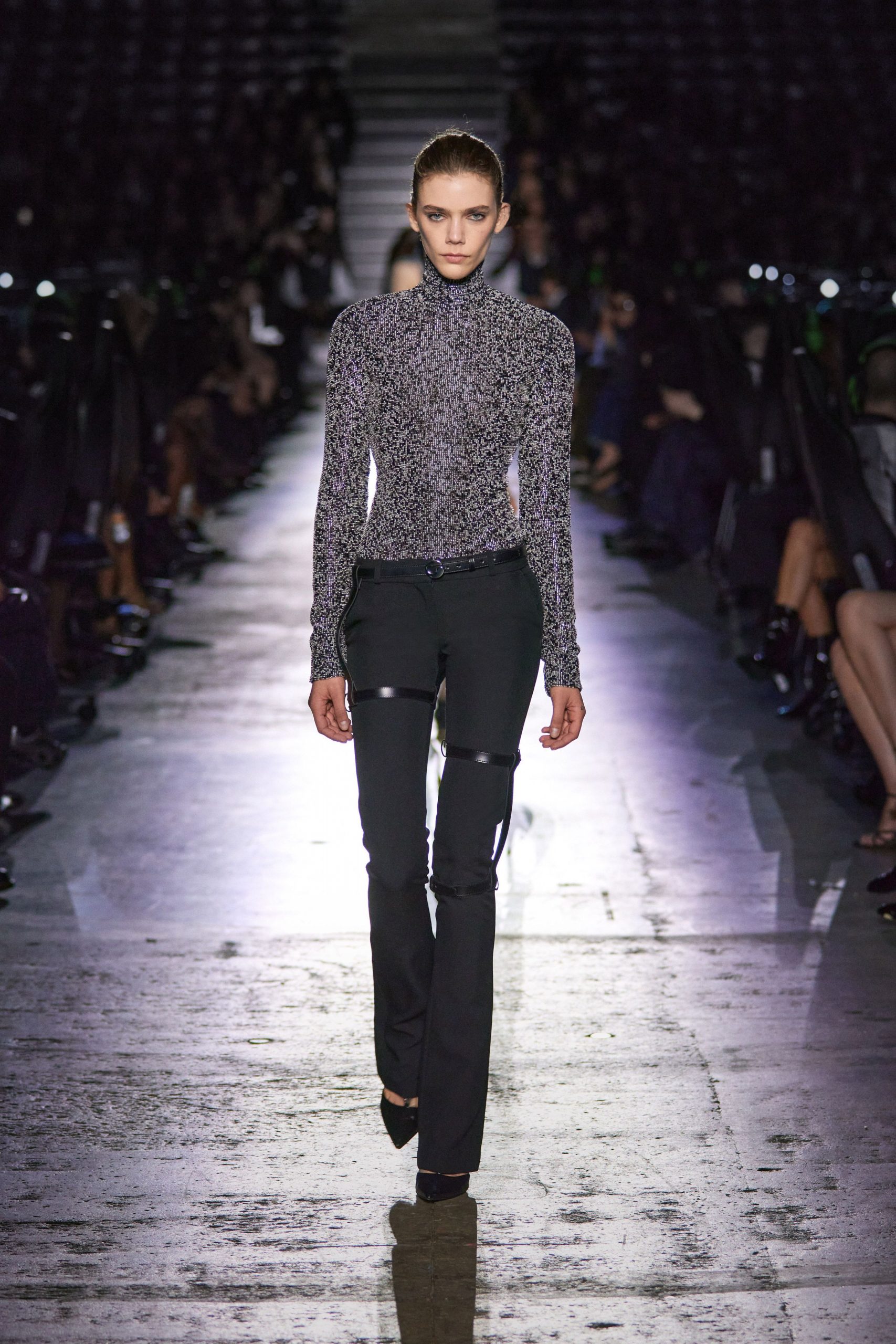 fitted gray knit top with black pants
