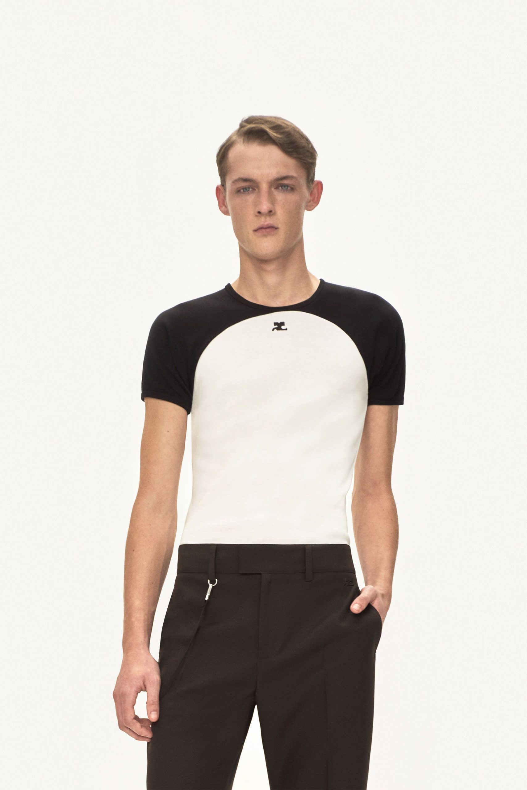black and white fitted t-shirt and tailored pants