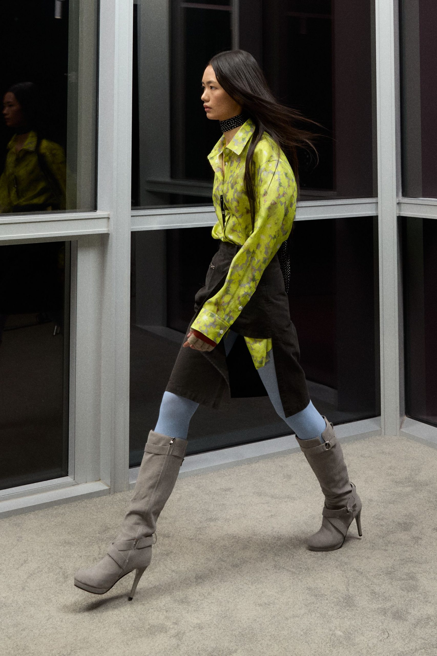 yellow long-sleeve collared relaxed printed shirt
