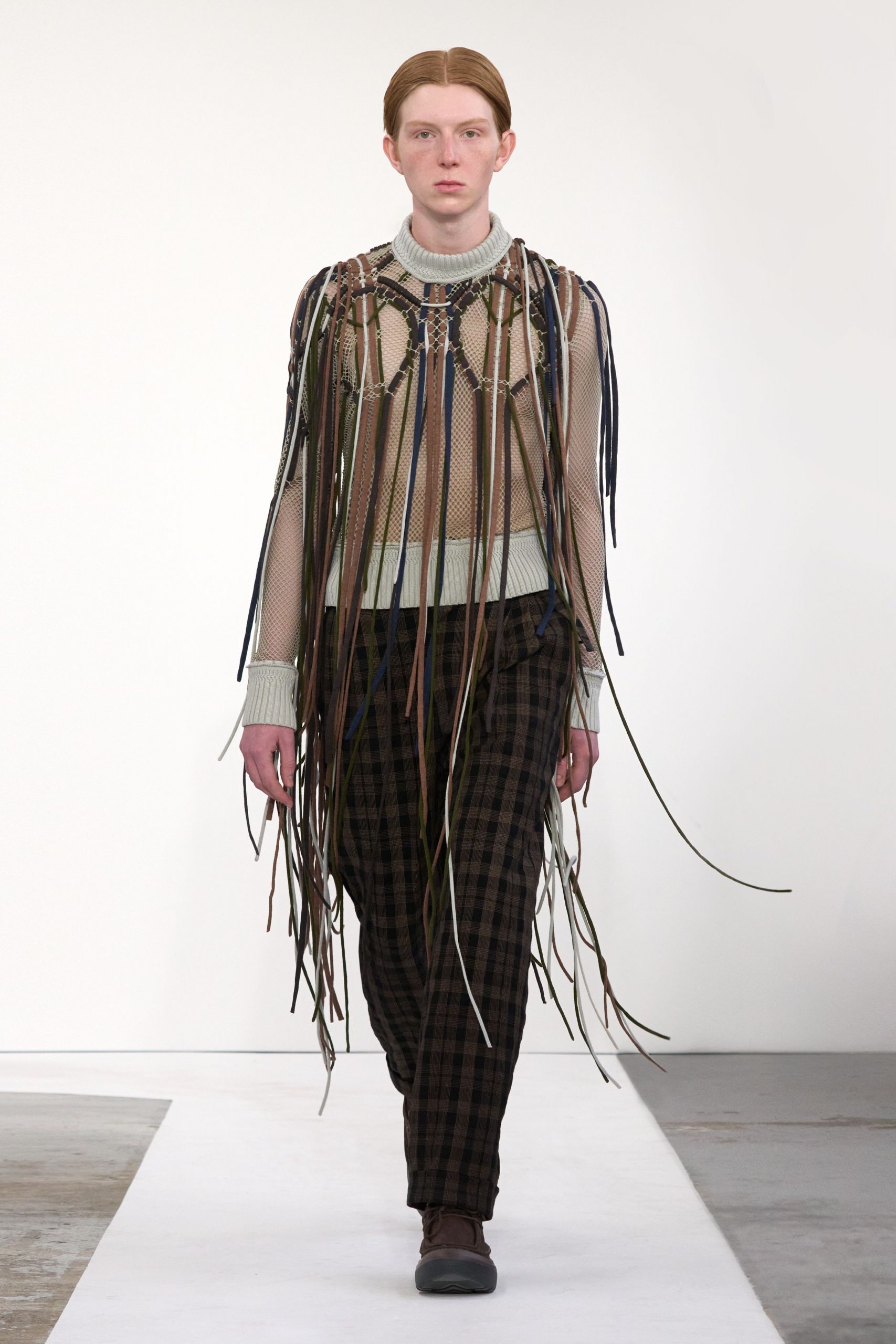 beige mesh long-sleeve high-neck fitted fringed top