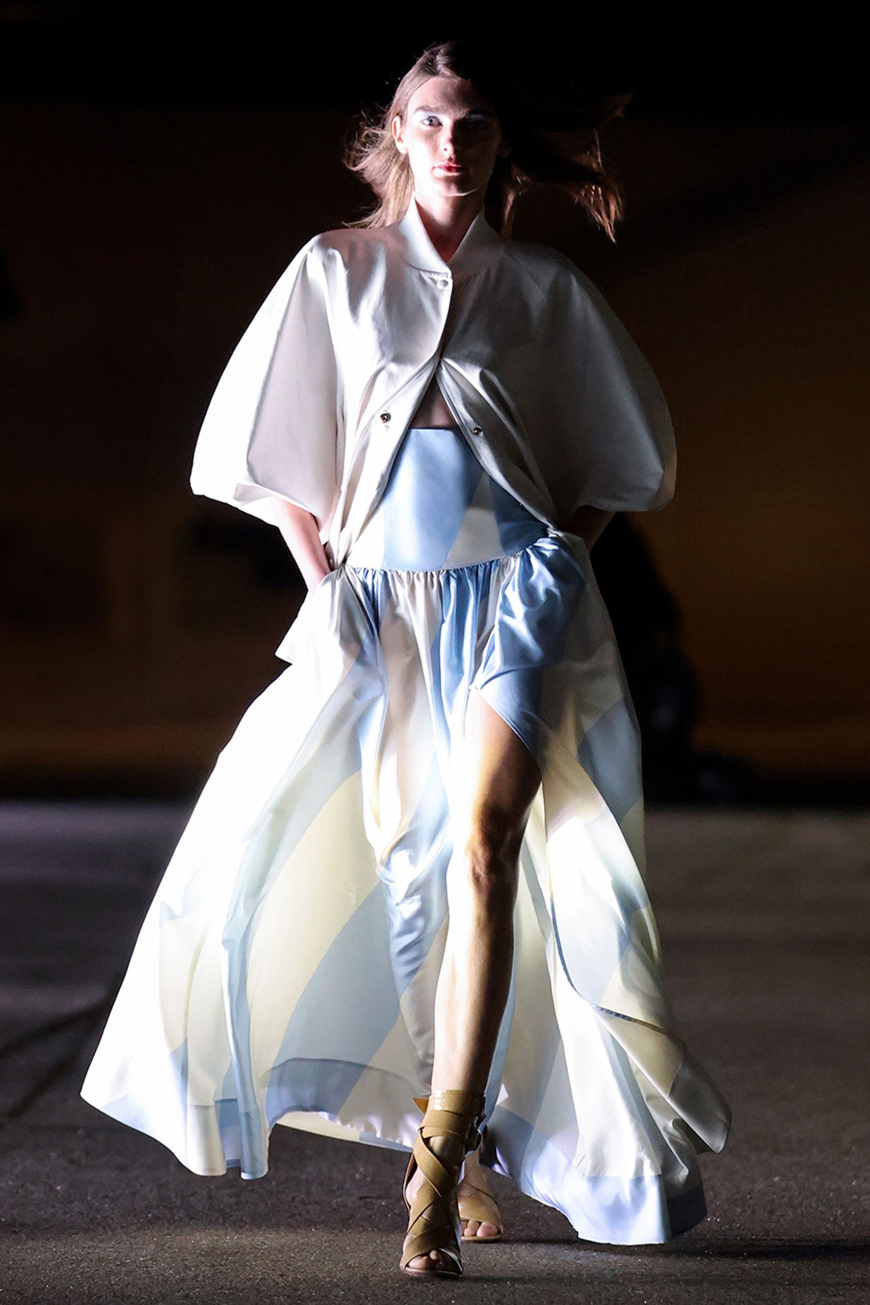 blue chiffon fitted high-waisted pleated flowing maxi skirt