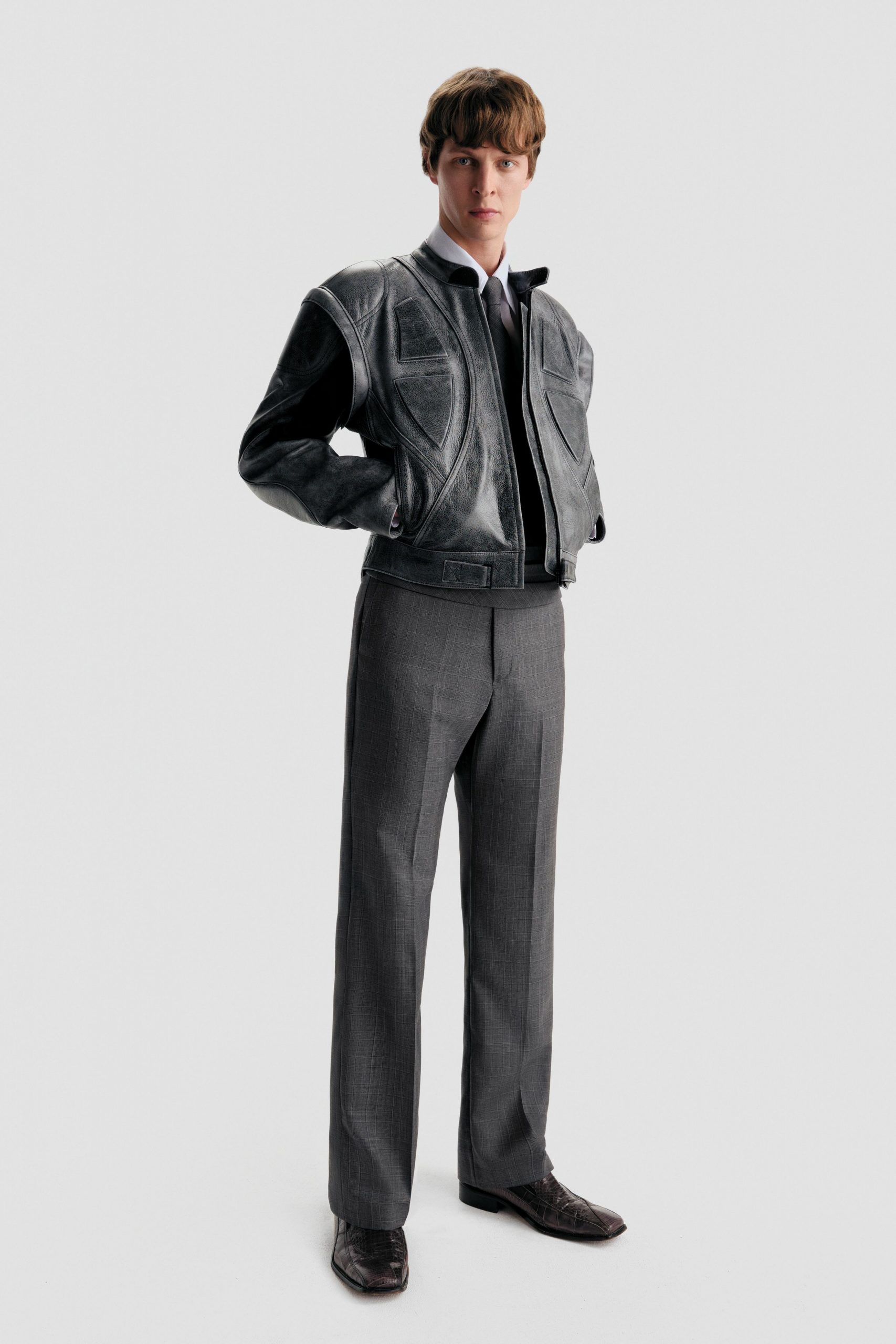 black leather jacket gray pants