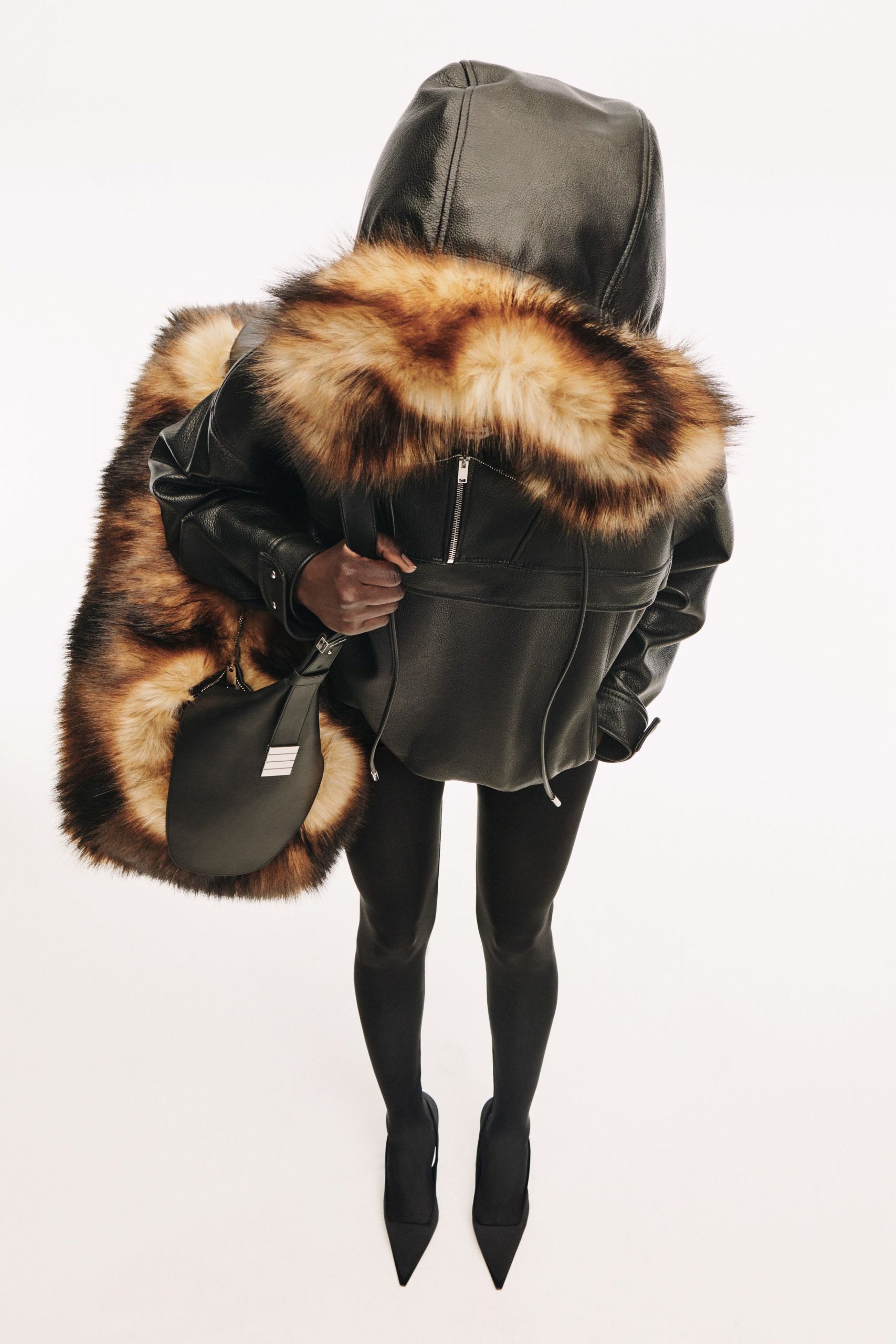 black leather hooded relaxed zippered jacket
