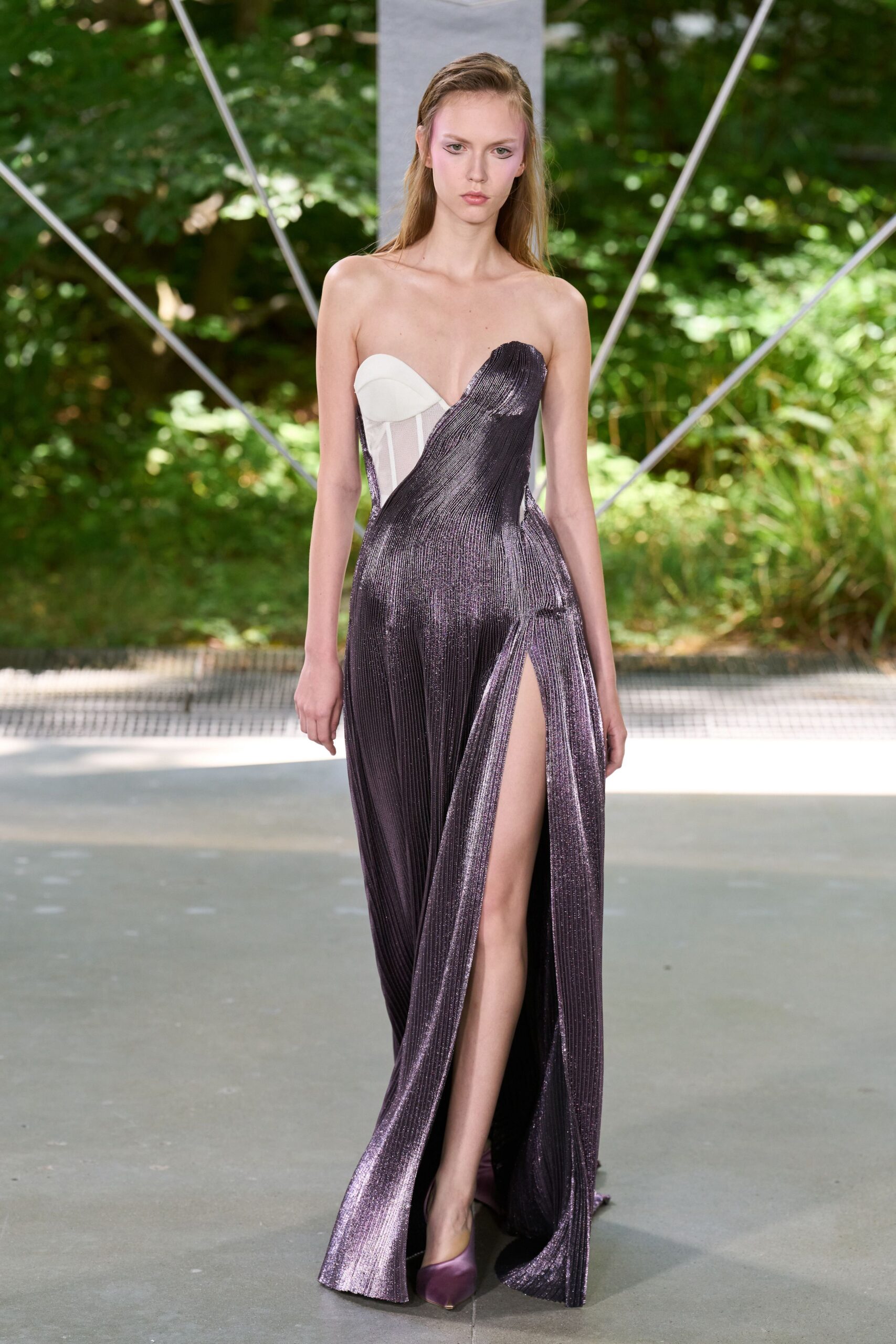 purple silk sleeveless v-neck fitted pleated flowing gown
