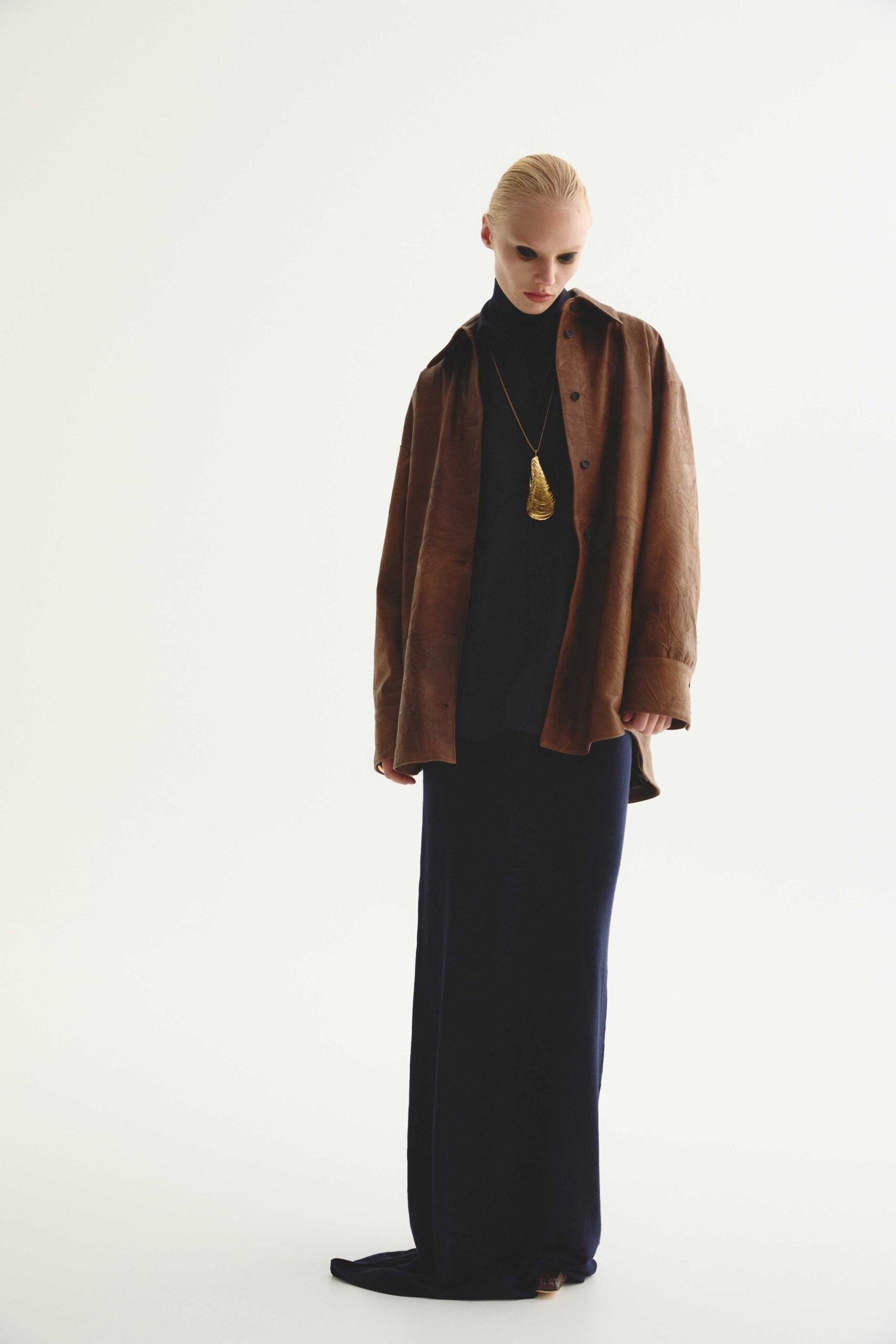 brown leather oversized coat