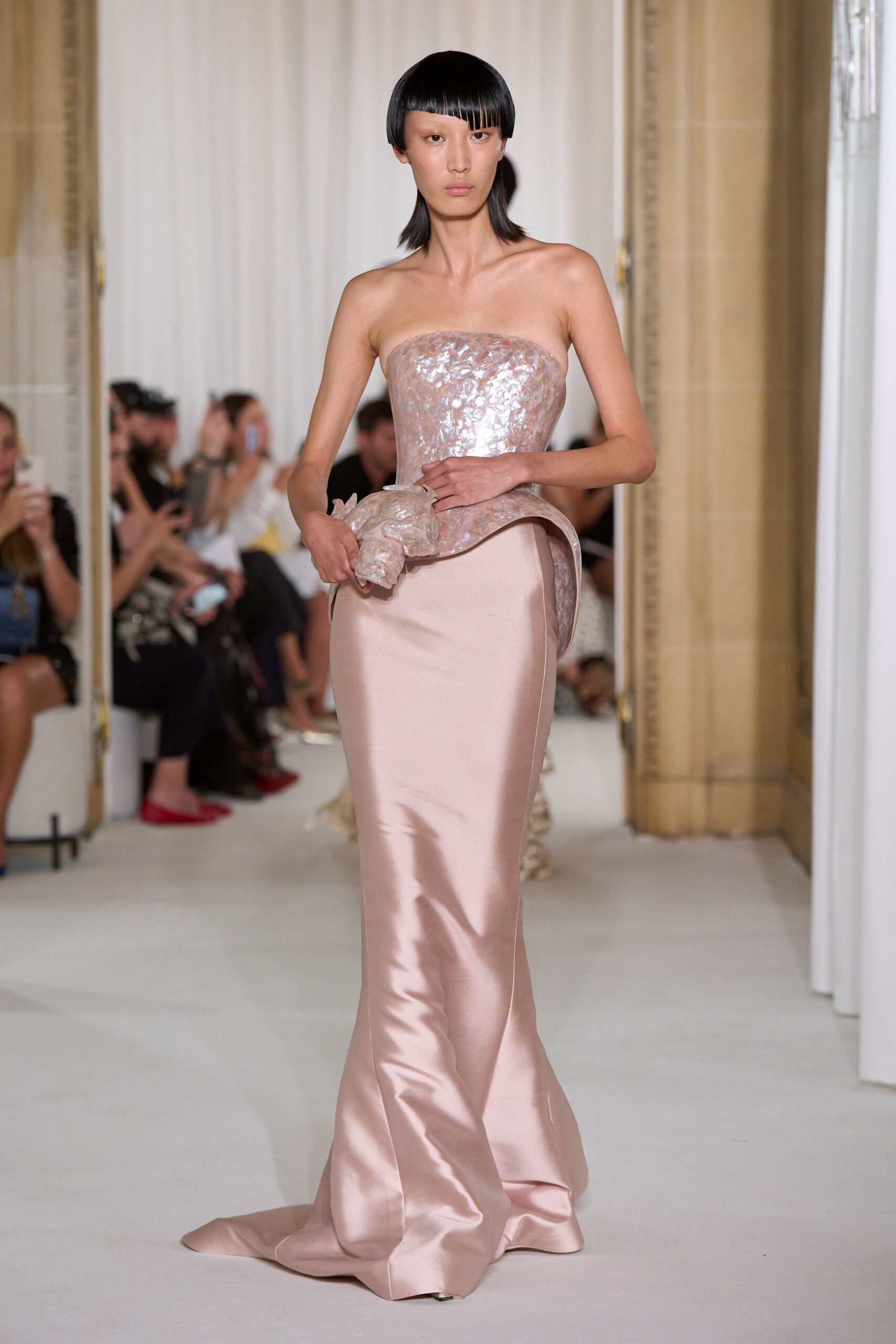pink silk strapless gown