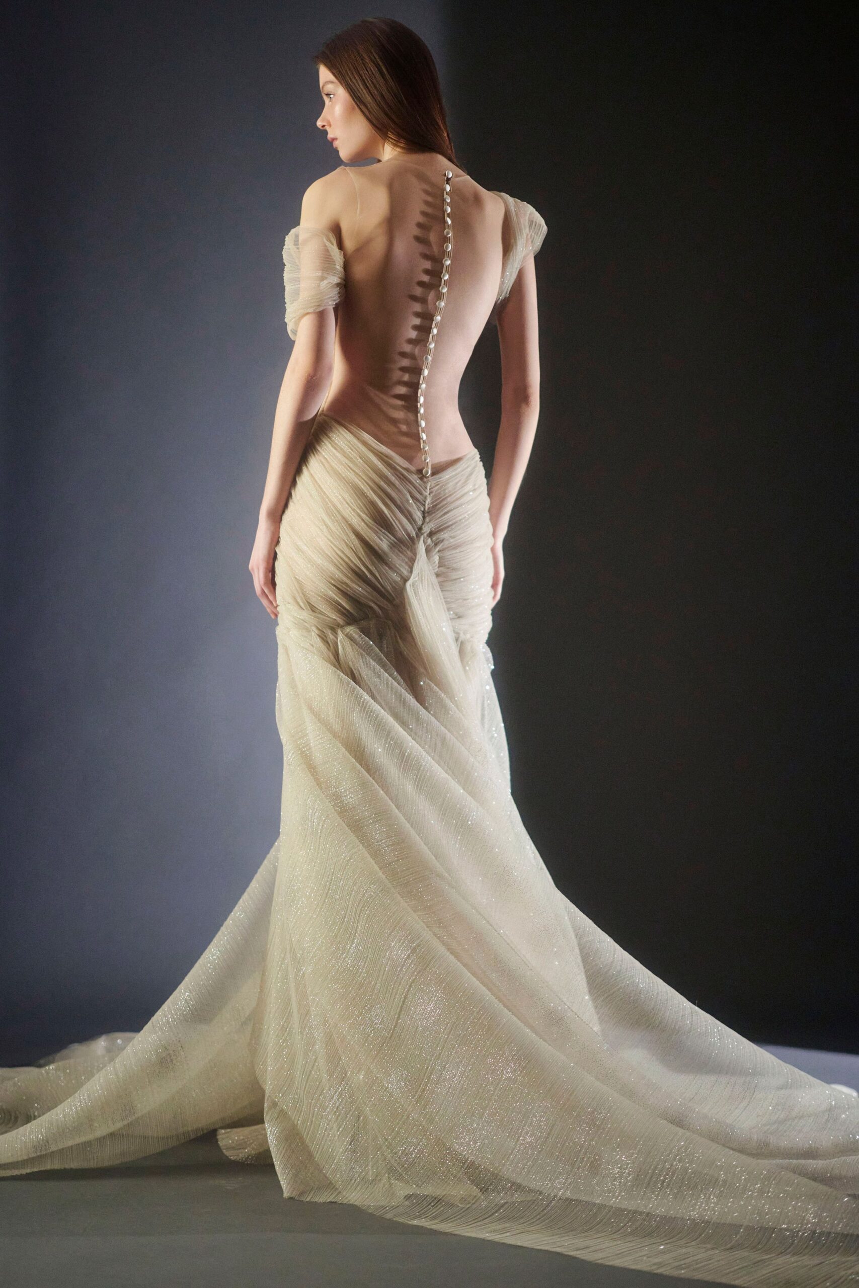 beige silk off-shoulder gown