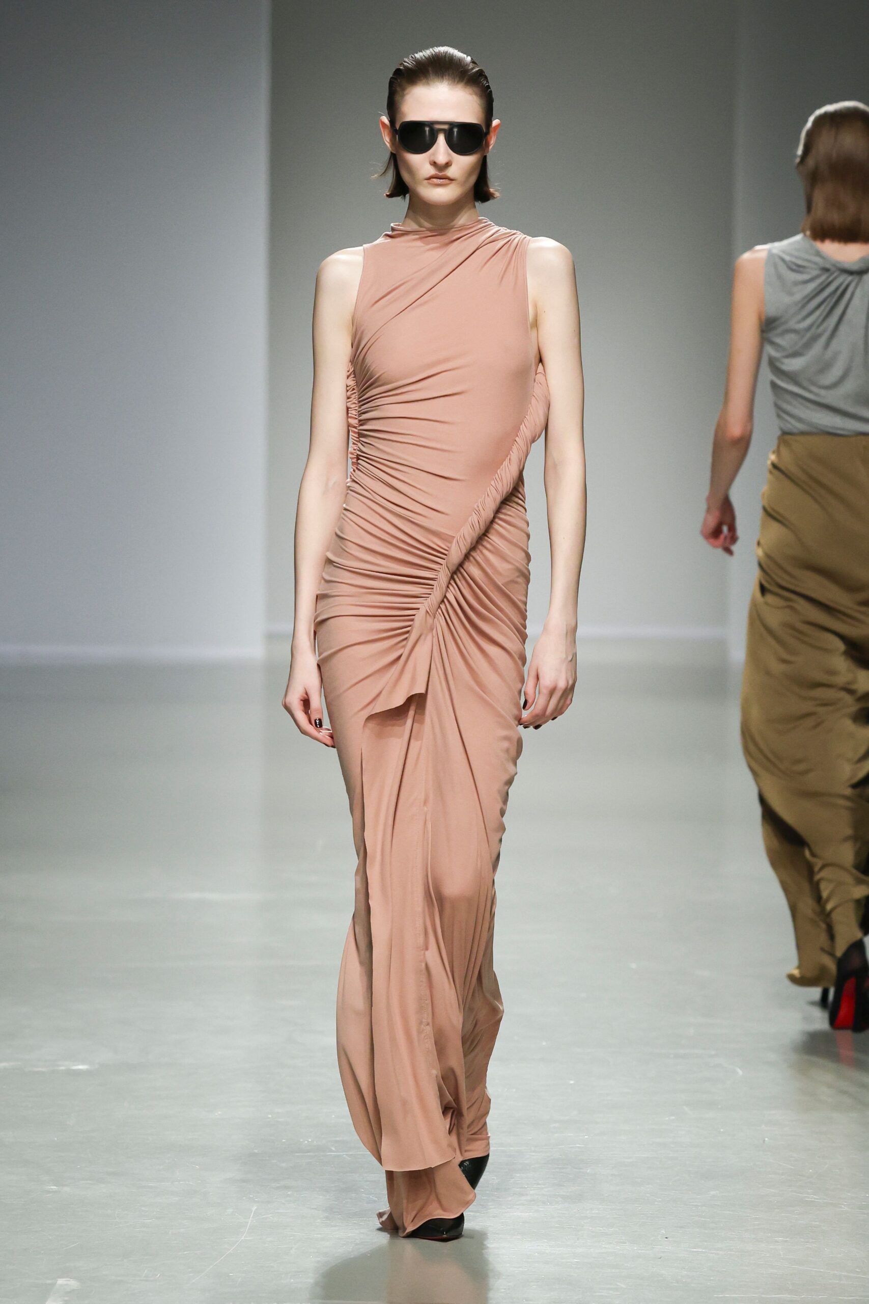 pink silk sleeveless high-neck fitted ruched flowing gown