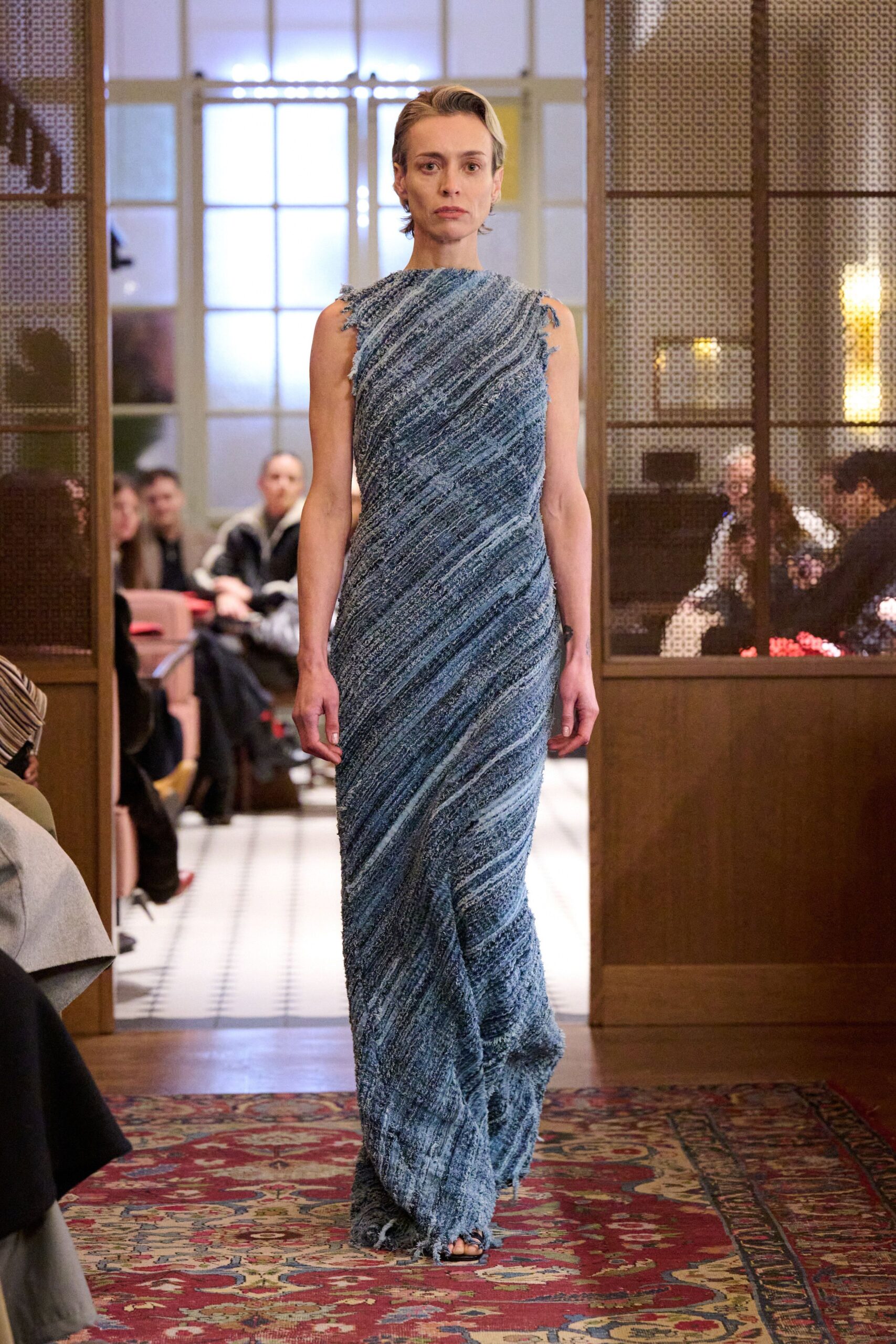 fitted blue silk gown
