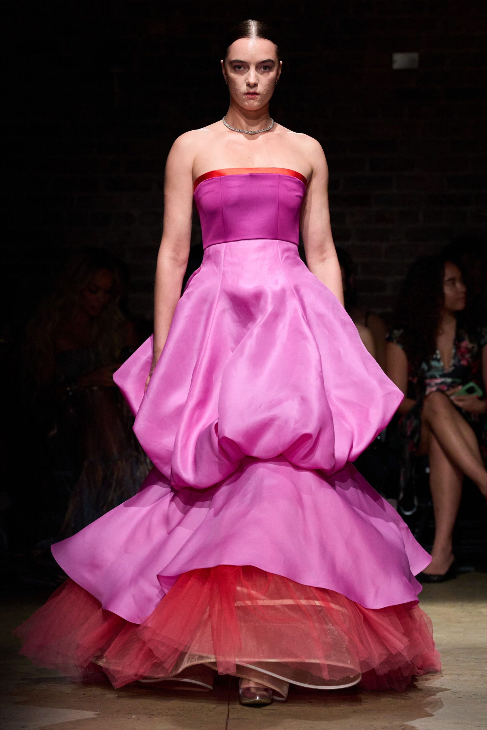 pink strapless layered gown