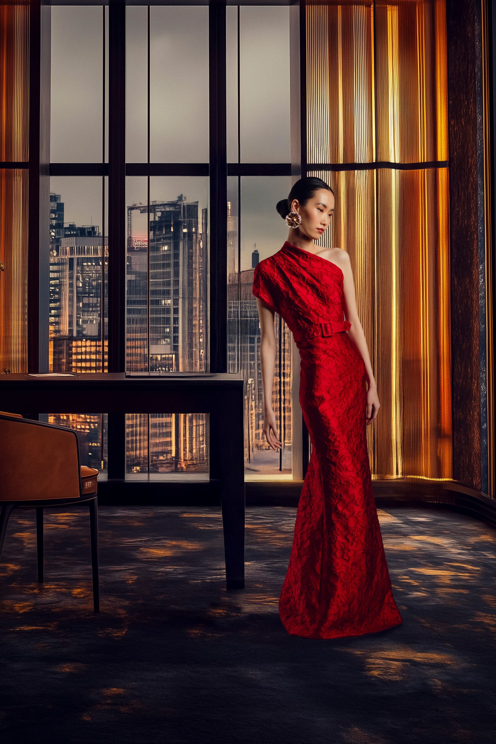 red lace off-shoulder gown
